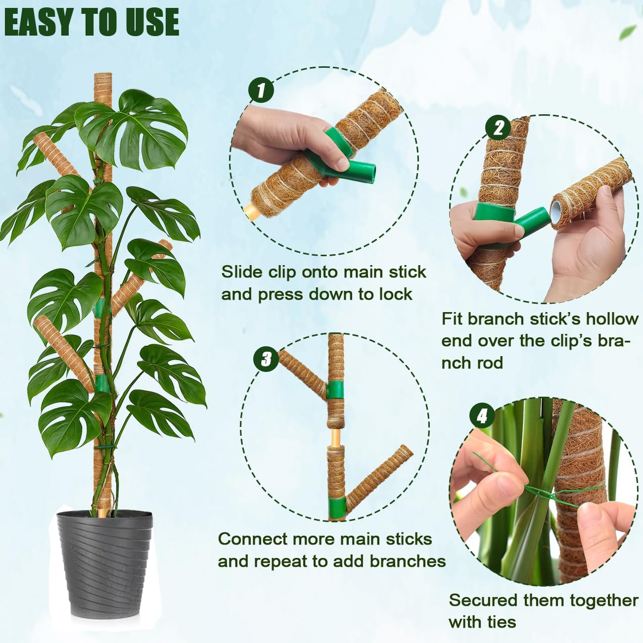 Moss Pole for Monstera  Support, 3 Pack 15.7'' Stackable Moss Poles for Climbing , Indoor Garden Coco Coir Poles for Monstera Deliciosa, Pothos, Philodendron (15.7In x 3Pack)