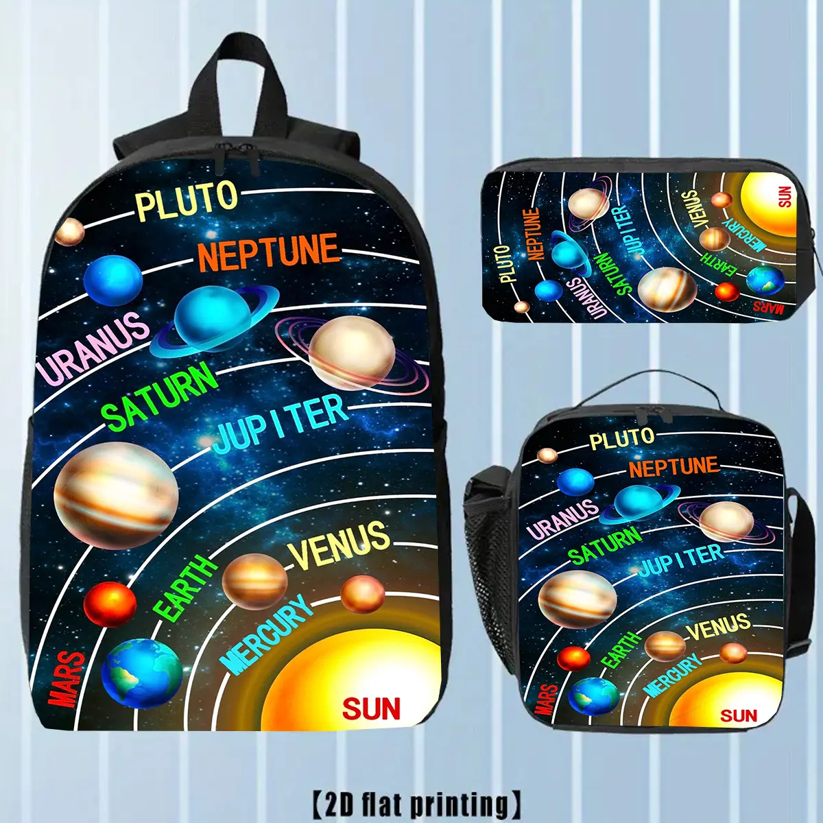3pcs Solar System Planet Backpack, Large Capacity 17-Inch Casual Laptop Bag with Water Bottle Holder - Lightweight Durable School Backpack with Lunch Box and Pencil Case,