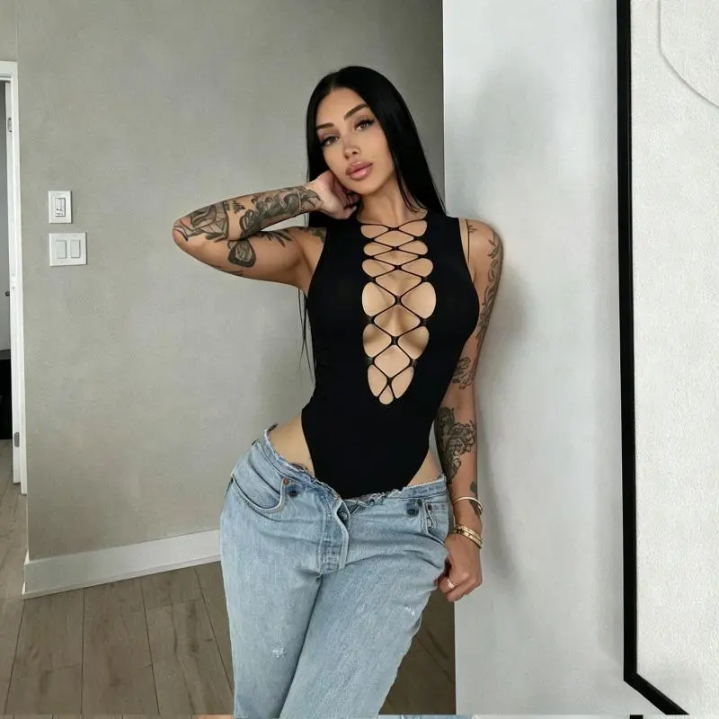 Women's Sleeveless High Neck Solid Color Hollow-Out Slim-Fit Bodysuit - Stylish Women's Wear, Cute Tops for Ladies, Versatile Clothes Products for Going Out Clubbing