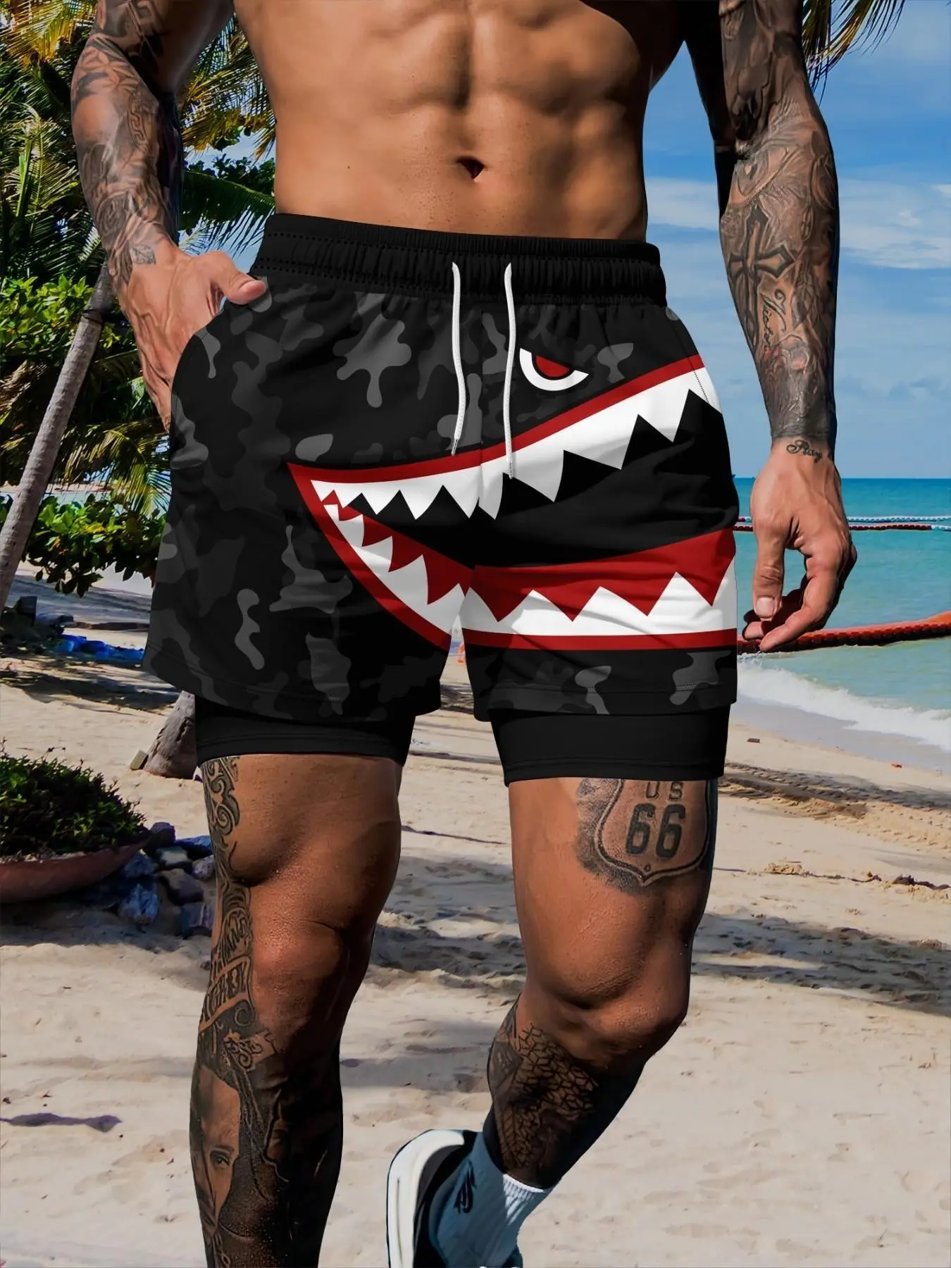 Men's Camouflage Shark Print Dual-Layer Beach Shorts, Anti-See-Through Two-In-One Swim Trunks, Casual Surfing & Vacation Wear