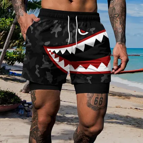 Men's Camouflage Shark Print Dual-Layer Beach Shorts, Anti-See-Through Two-In-One Swim Trunks, Casual Surfing & Vacation Wear, Swimwear Shorts