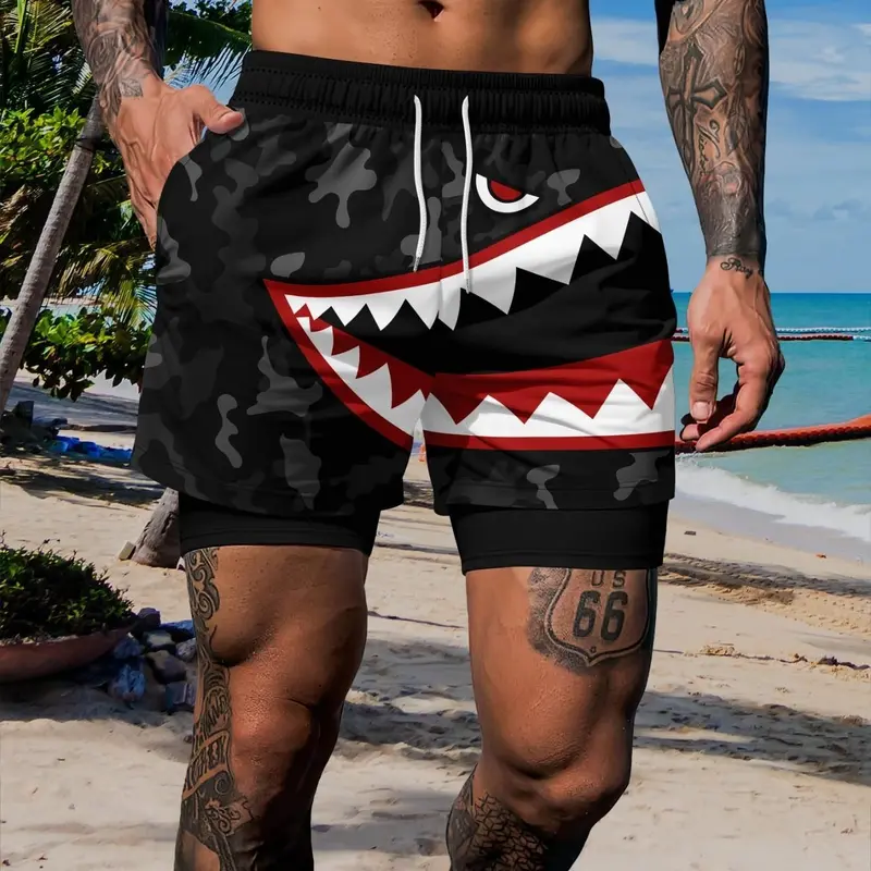 Men's Camouflage Shark Print Dual-Layer Beach Shorts, Anti-See-Through Two-In-One Swim Trunks, Casual Surfing & Vacation Wear, Swimwear Shorts