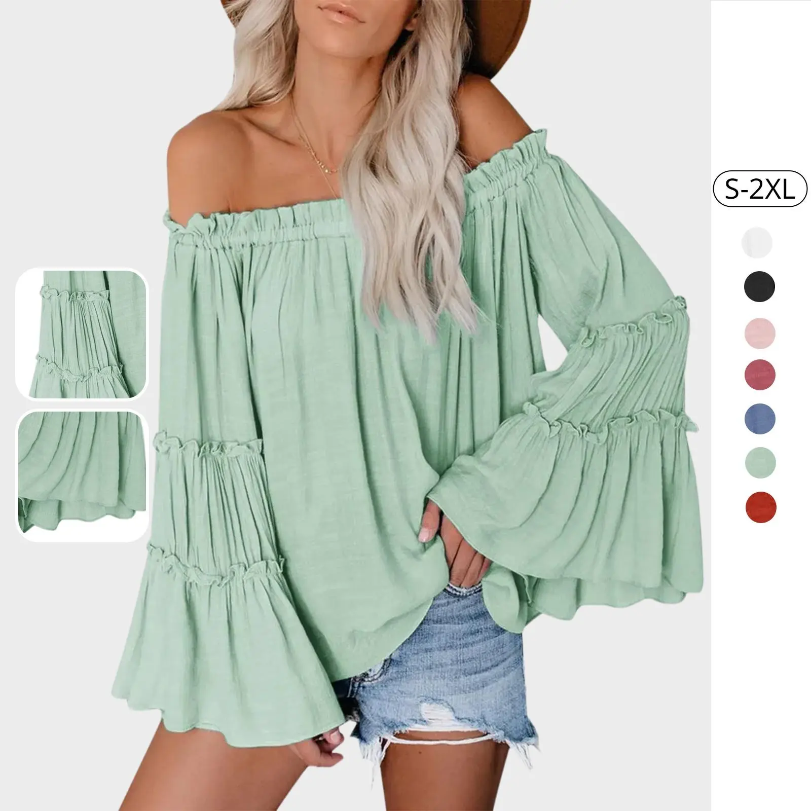 Tankaneo Womens Off The Shoulder Long Bell Sleeve Tops Flared Casual Loose Blouse