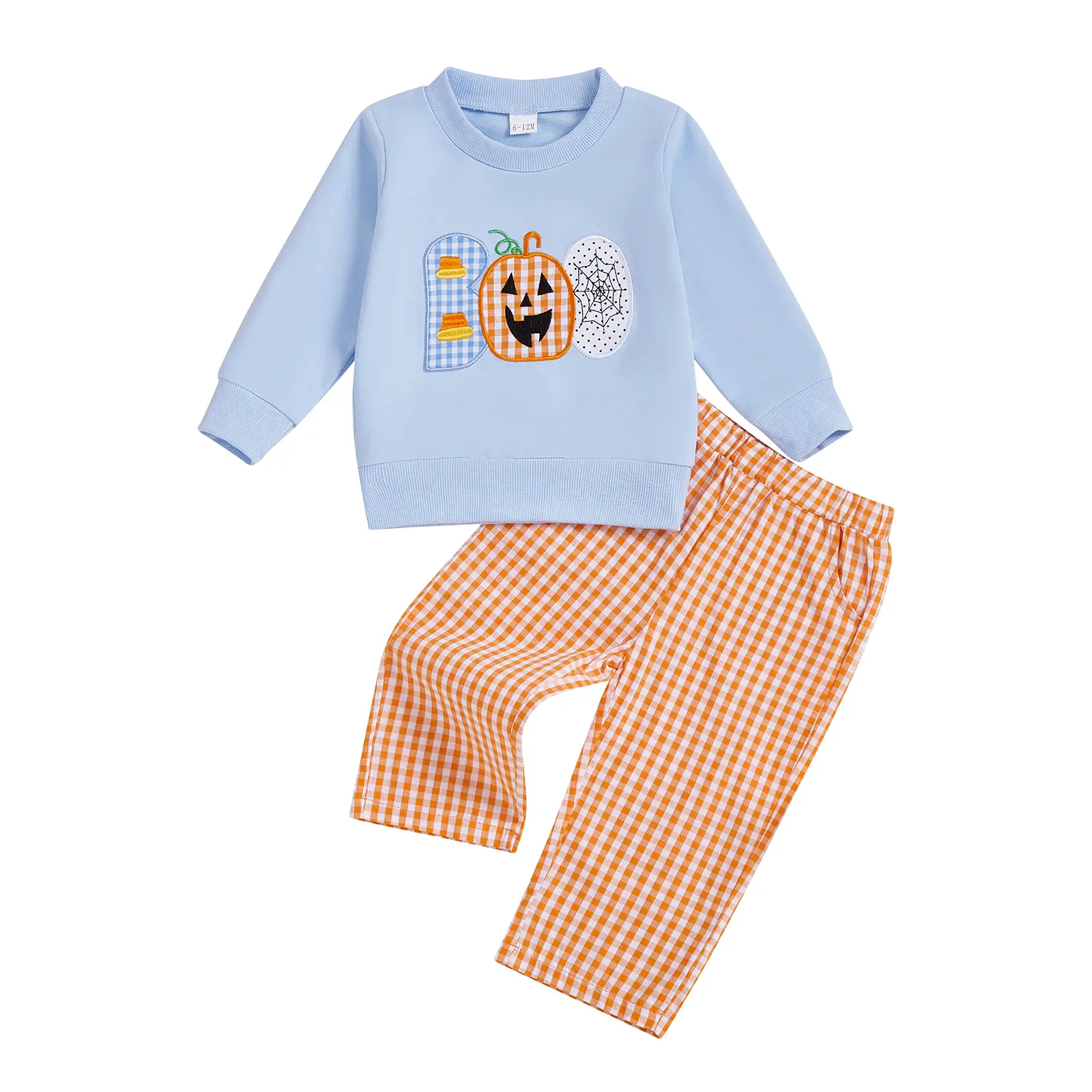 Canrulo Toddler Baby Boy Halloween Outfits Pumpkin Sweatshirt Pullover Tops Shirt Gingham Pants Set Fall Clothes