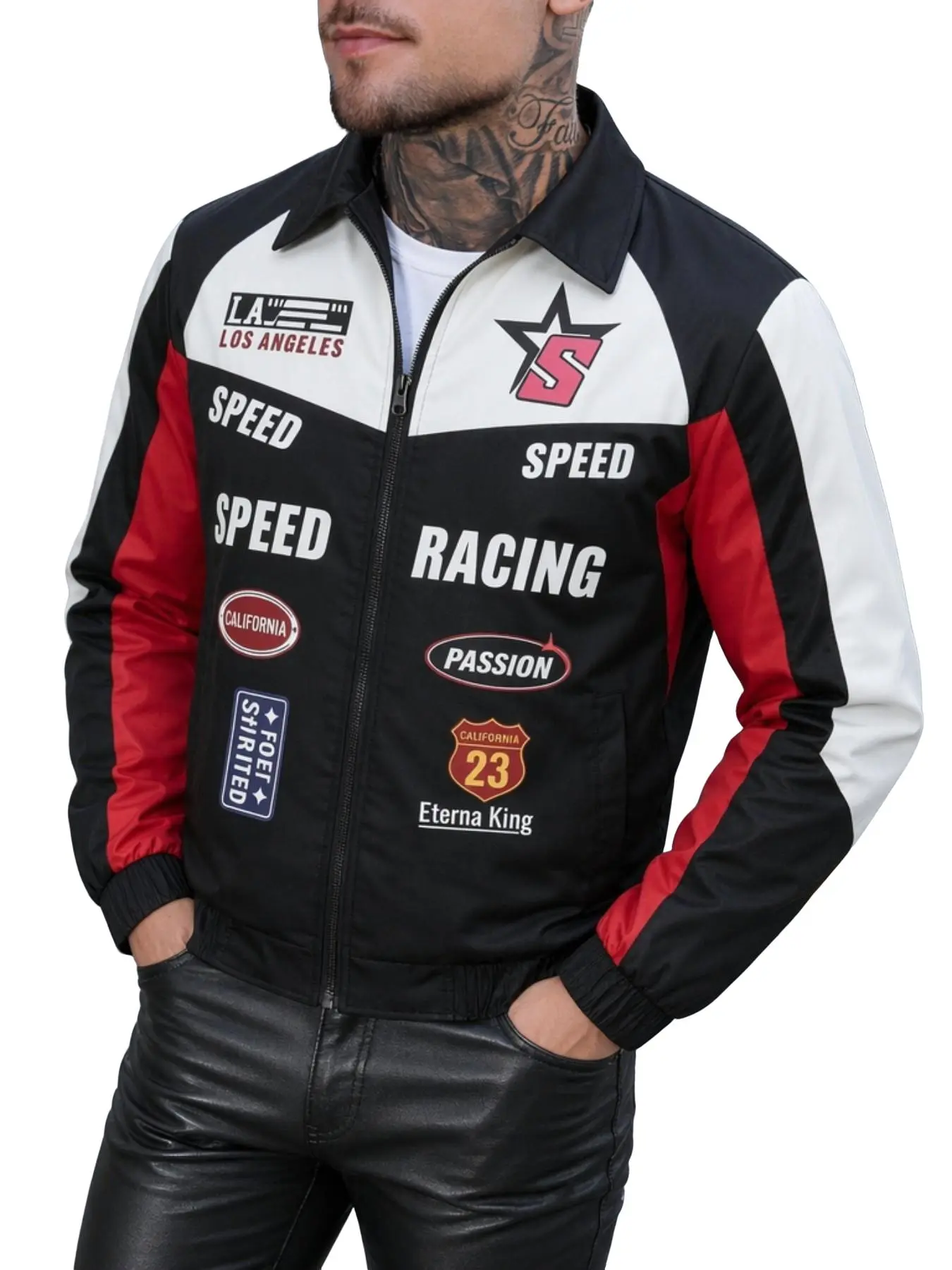 1 Piece Men's Color Block Racing Collared Jacket, Long Sleeve, Vintage Motorsport Streetwear Style, Letter Badge Print, Full Zip Closure, Elastic Cuffs & Hem, Lightweight Windproof Outerwear for Street Fashion, Motorcycle Ride, Daily Outing