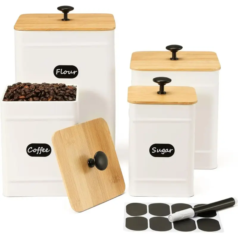 Kitchen Canisters, Airtight Canister Sets for Kitchen Counter, Kitchen Canisters for Countertop Set of 4, Coffee  Sugar Flour  Tin Jars  Storage Container with Lid(White)