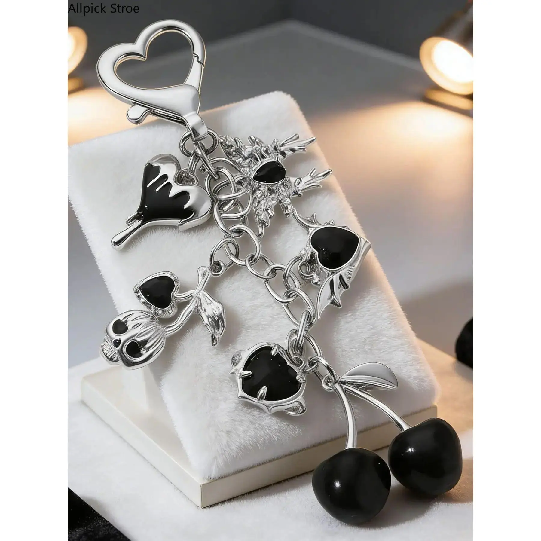 Retro punk style practical texture cherry bag hanging, cherry shape+heart-shaped wing decoration, chain design, heart-shaped buckle, can be used as bag hanging and keychain, exquisite and fashionable, Bag Charm Keychain, Bag Pendant, Bag Accessory tiktoks