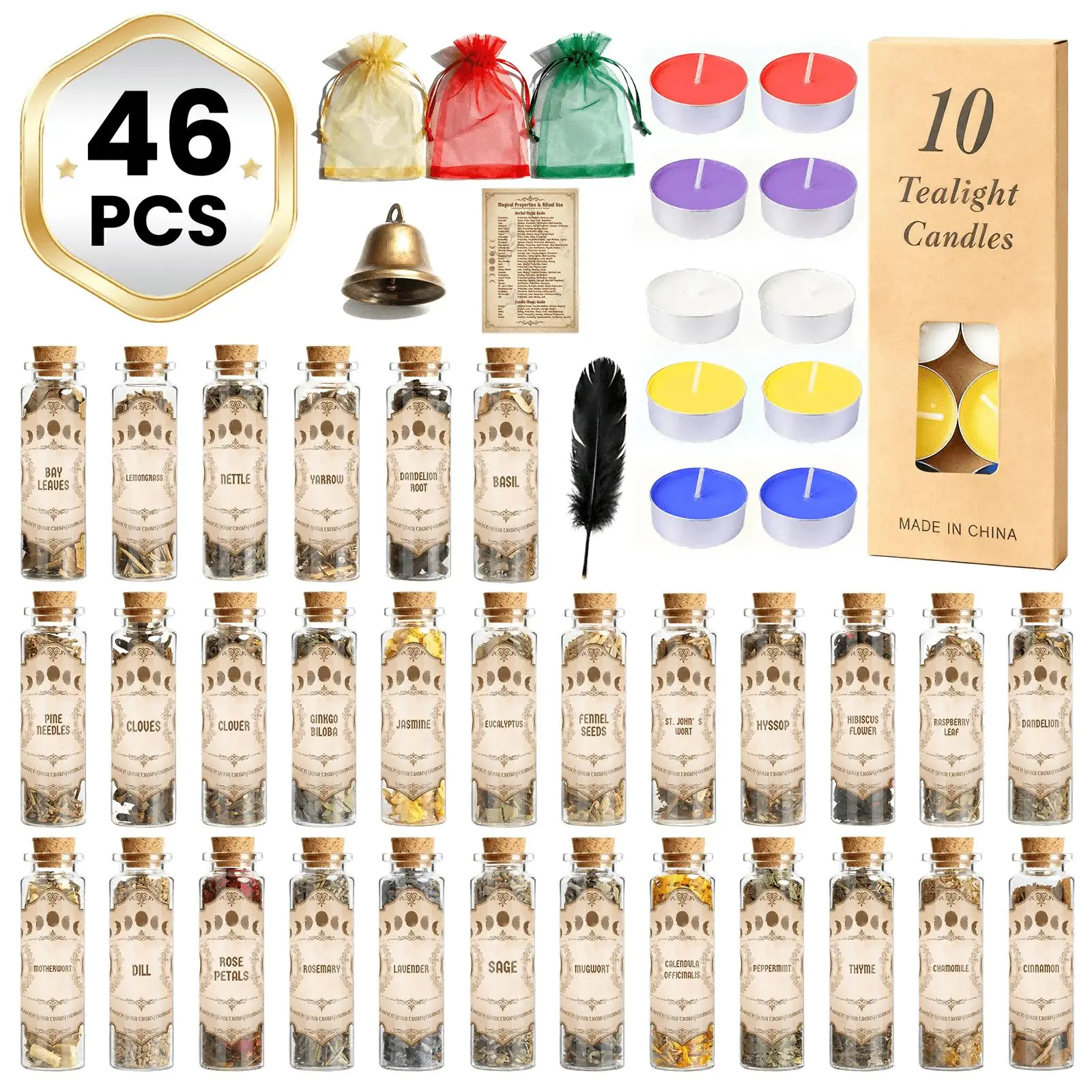 46-Pack Witchcraft Dried Herbs & Flowers Kit for Witchcraft Beginners - 30 Herb Bottles, 10 Colorful Candles, 3 Scented Sachet Bags, Feather, Bell, Spell Parchments, Guide Book, Incense Making Altar Items, Festive Home Supplies Gift