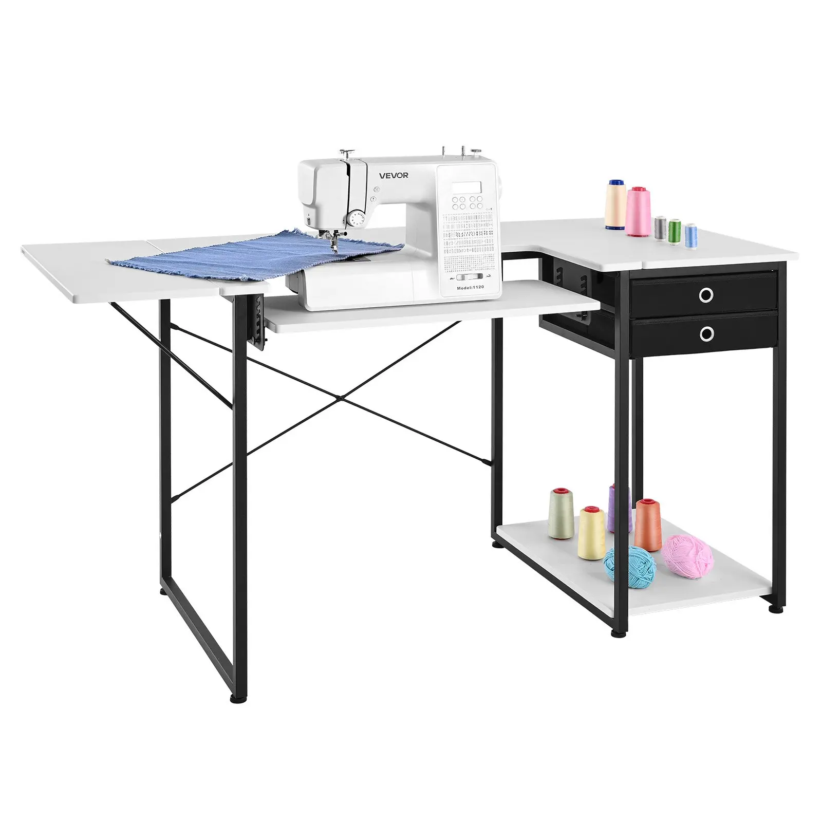 VEVOR Multipurpose Sewing Table - Minimalist Modern Rectangle Top, Expandable Size Space-Saving Design, Drawers, Foldable Side Shelf, Adjustable Shelf, Metal Steel Legs, Tool Organizer, Office Desk for Handcrafting Home Use
