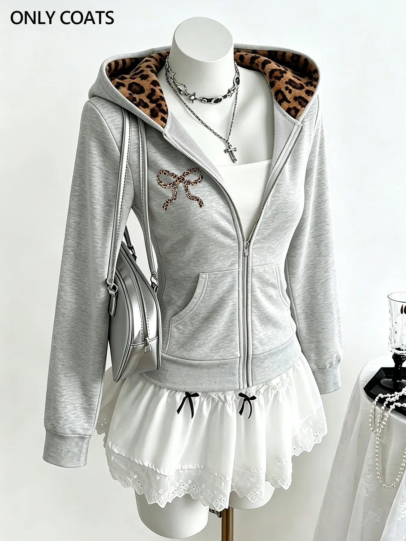 Women's Y2K Zip Hoodde Jacket, Leopard Lined in the Hood & Bow Print Top, For Dating & Shopping Trip