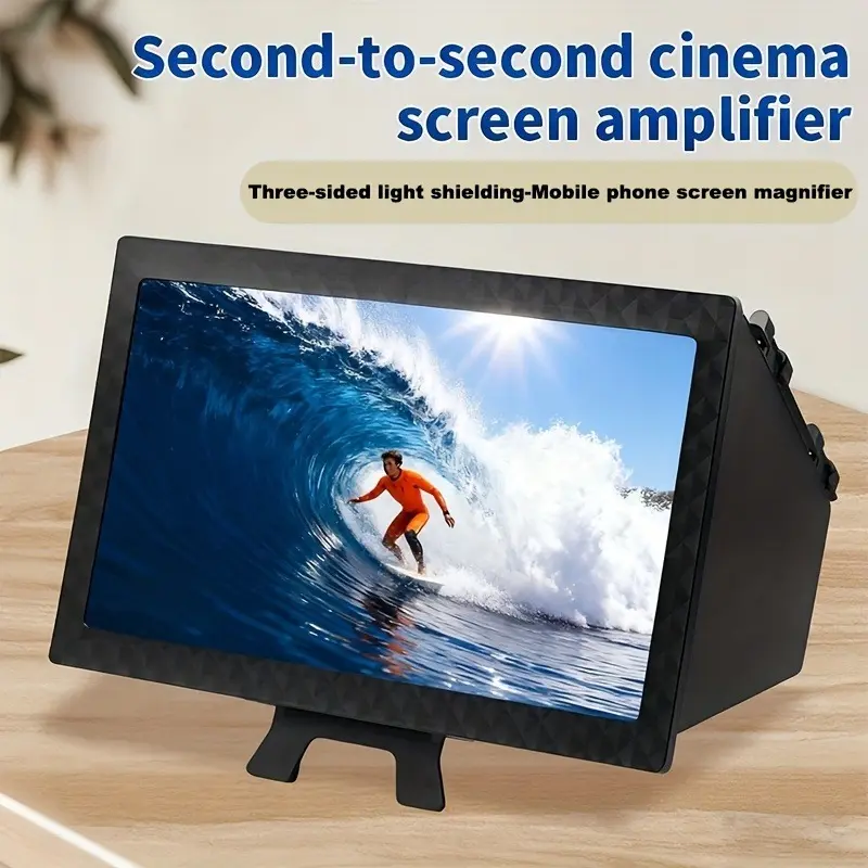A black, desktop phone screen magnifier, perfect for leisurely binge-watching and enlarging videos, ideal as a Christmas gift. Screen enhancer, compact design, portable magnifier, scratch-resistant surface, display amplifier, tech enthusiast