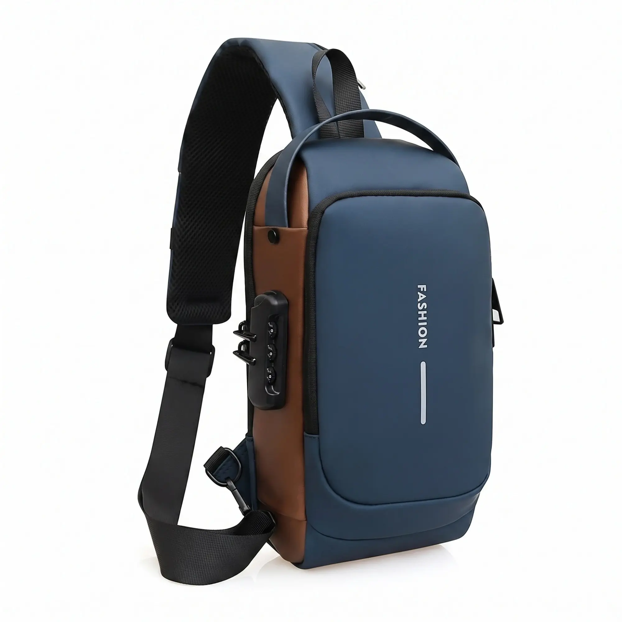Men's Blue Crossbody Bag, Waterproof Oxford Fabric, Anti-Theft Password Lock, USB Charging Port, Breathable Shoulder Strap