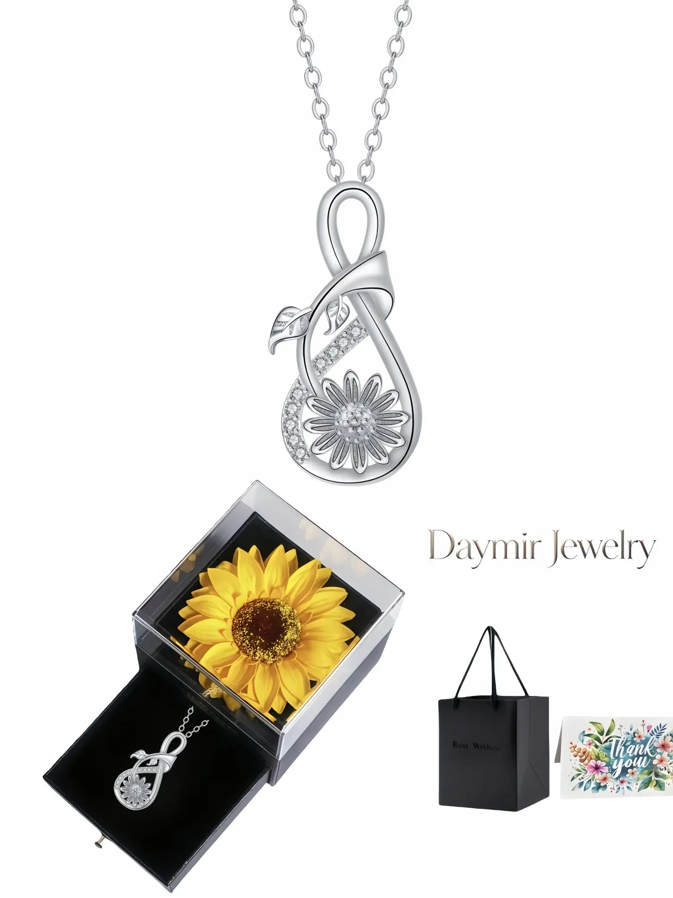 Infinite Daisy Necklace, unique infinity sunflower pendant with dazzling gems in pastoral minimalist style. Packaged in preserved sunflower jewelry box, a thoughtful gift for birthdays, Mother’s Day, Valentine’s Day and Christmas.