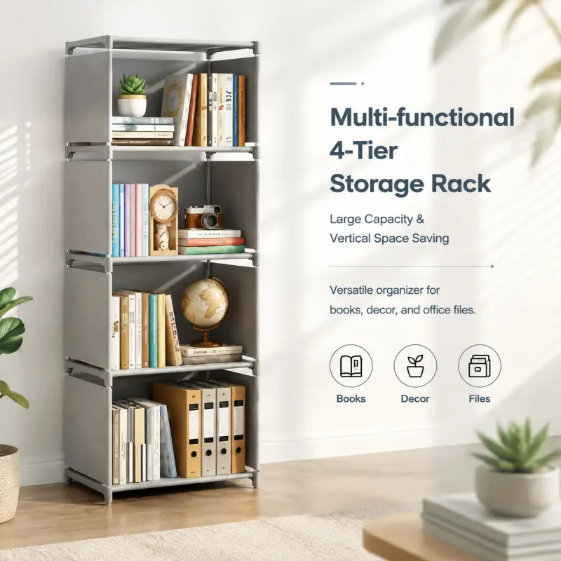 4-Tier Multi-Functional Storage Rack - Large Capacity Vertical Space-Saving Organizer for Books, Decor & Office Files, Bookshelf Rack, Office Furniture