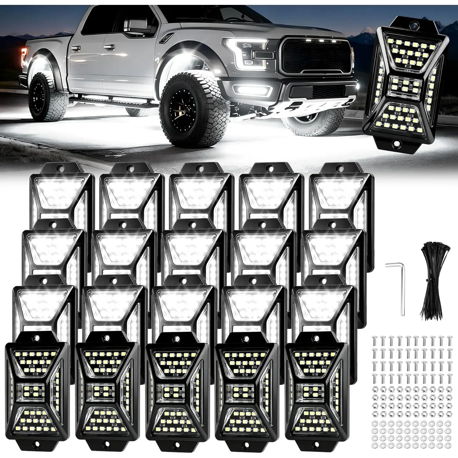 20 Pods White Rock Lights,48Leds/Pod 6500K Pure White Super Bright LED Underglow Lights,IP67 Waterproof 360 °   Wide Beam Neon Underbody Lights for Pickup Trucks SUV UTV ATV RZR Car Boats(Patented)