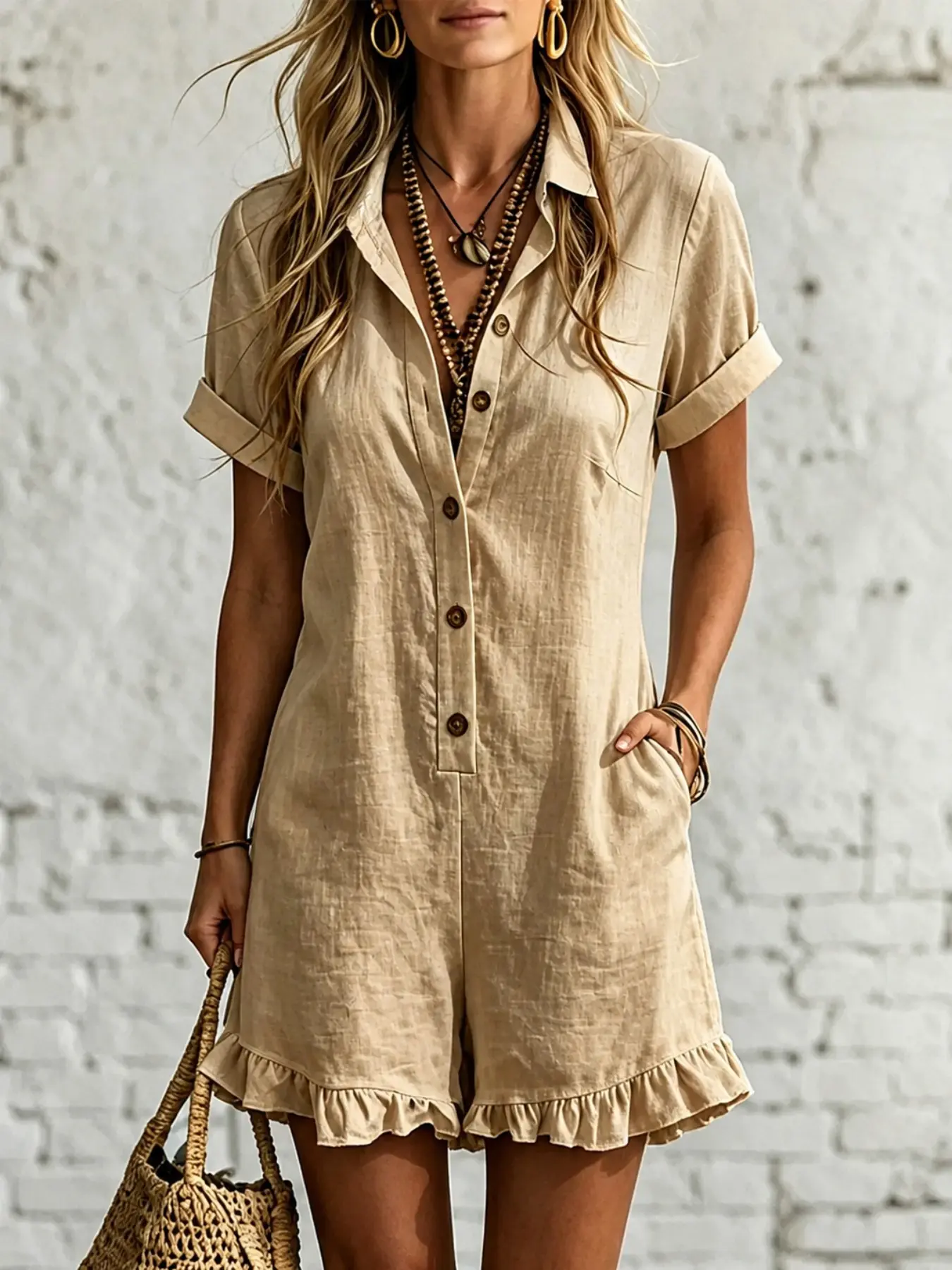 Women's Summer Casual Romper, Short Sleeve Button Front Design, Leaf Hemline & Pocket Detail, Ideal for Daily Wear & Travel