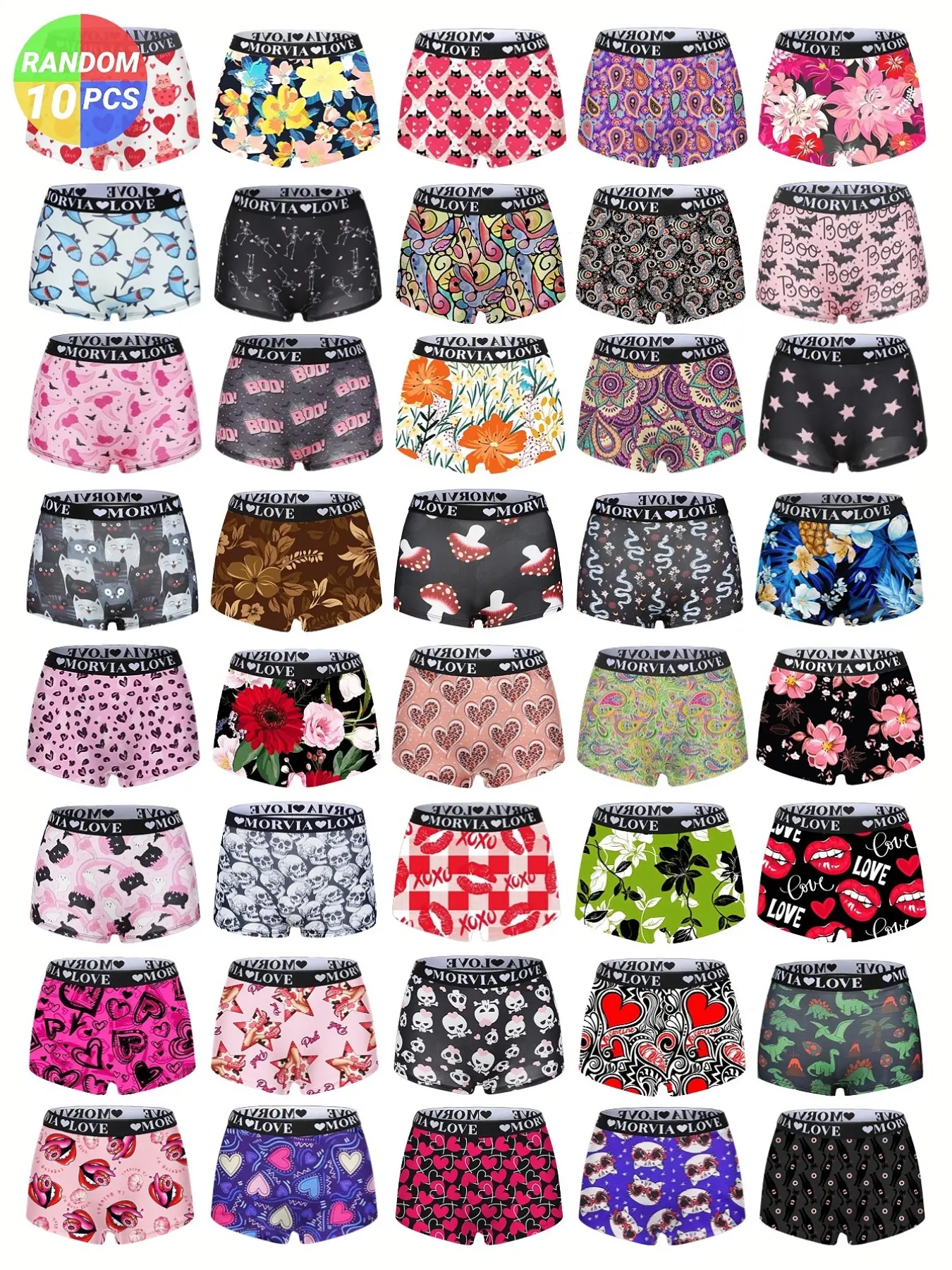 Women's 10-Pack Random Cartoon Printed Daily Casual Elastic Underwear, Soft Comfortable Fitted Panties, Elastic Waistband, All-Season Wear, Random Blind Box Pack, Soft Stretch Underwear, Knitted Stretch Underwear