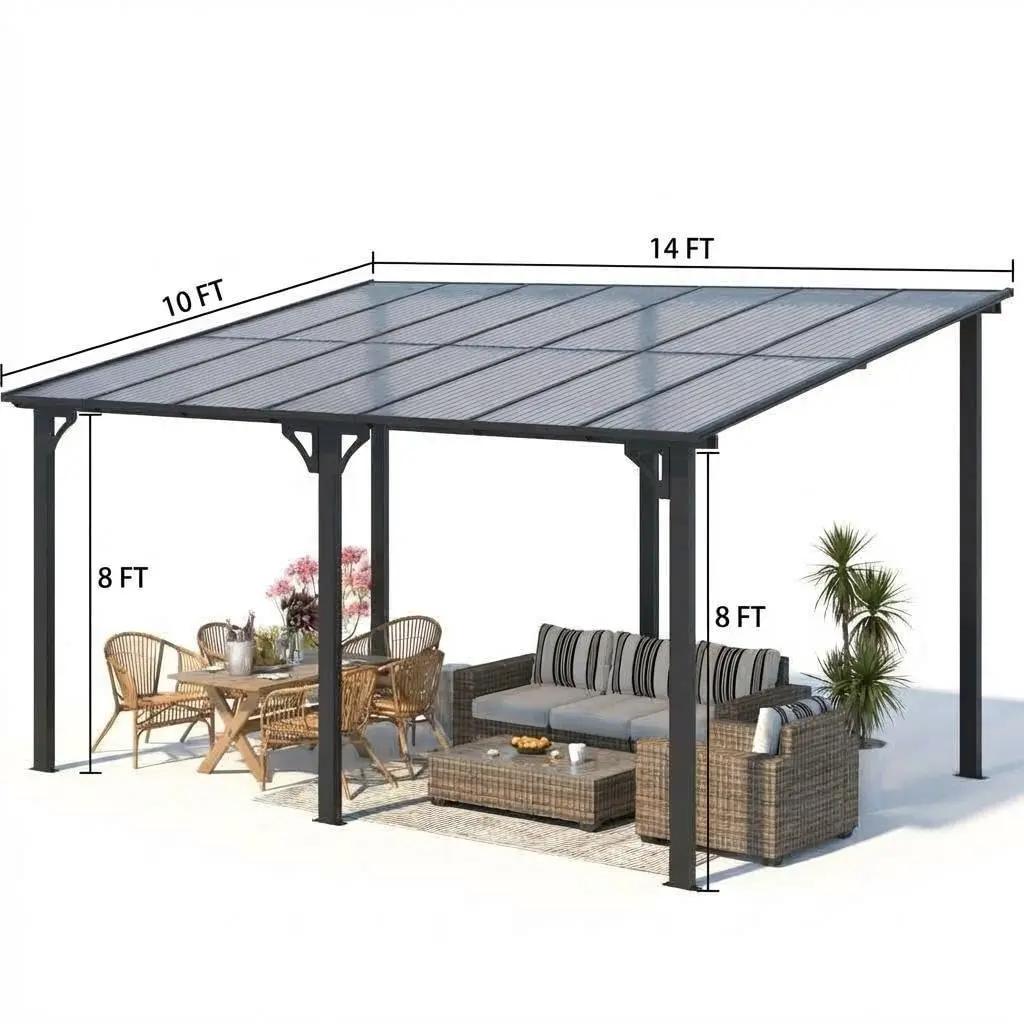 Heavy Duty 10x14 ft Wall Mounted Hardtop Gazebo Pergola – Sloped Polycarbonate Roof, Durable Aluminum & Steel Frame, Gutters, UV & Weather Resistant Canopy for Patio, Deck, Garden, Backyard