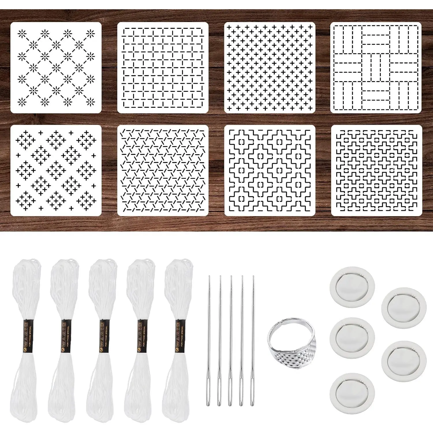 24-Count Portable Sashiko Stencil Kit for Beginners - Synthetic Sashiko Thread, Thimble, Finger Cots, 4.7x4.7 Inches Geometric Embroidery Templates for Hand Quilting, Sewing, Mending Crafts (Travel, Class)