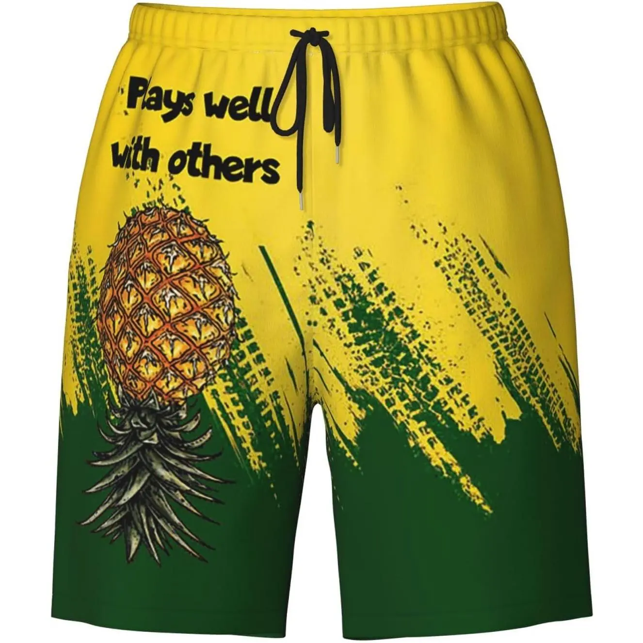 Men's Pineapple Print Swim Trunks, Quick-Dry Polyester Shorts with Triangle Mesh Lining for Beach & Surfing Run