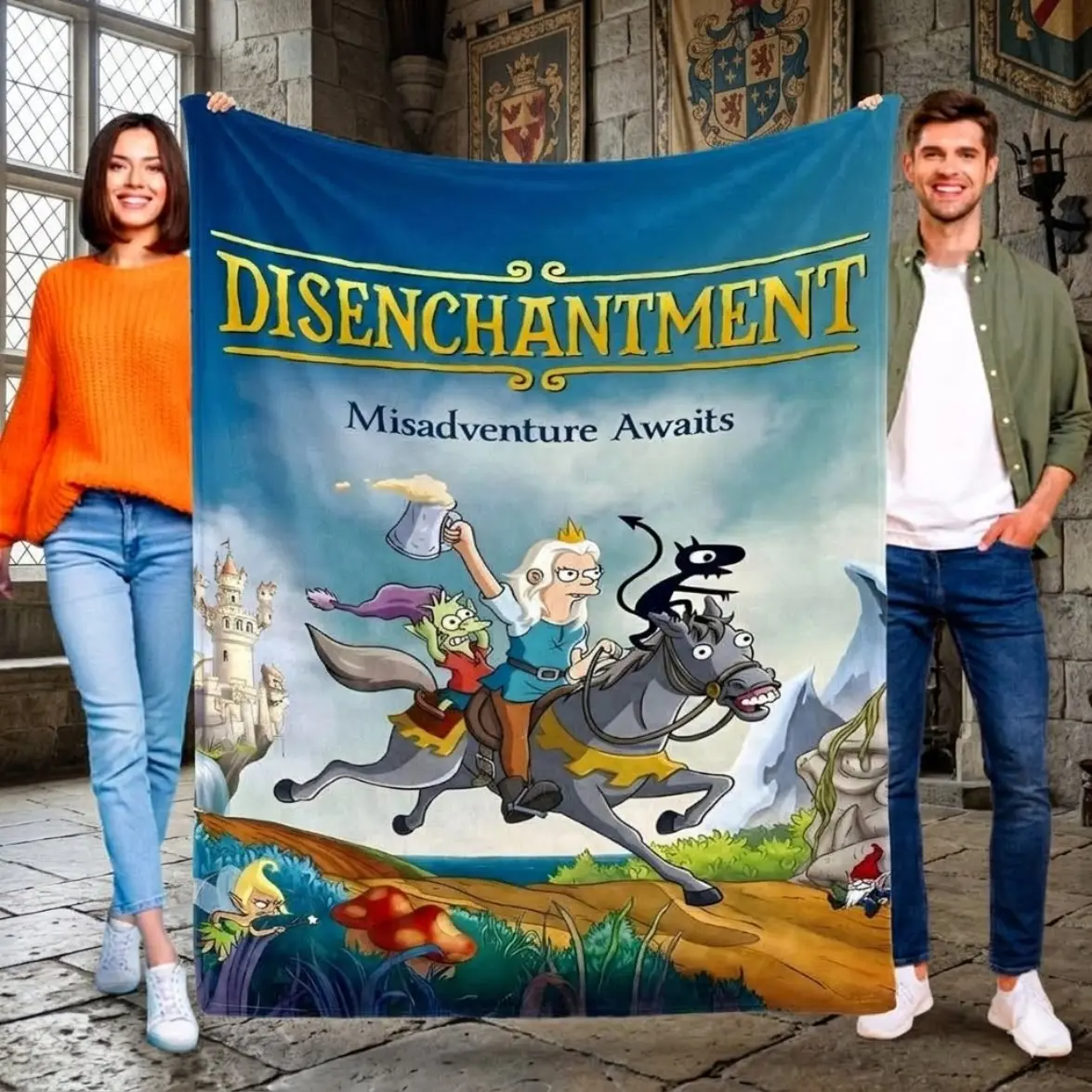 Netflix Disenchantment Cartoon Flannel Blanket - Soft Cozy Throw for Bed Sofa Couch Decor, All Season Bean Elfo Luci Kids Birthday Gift Clothes