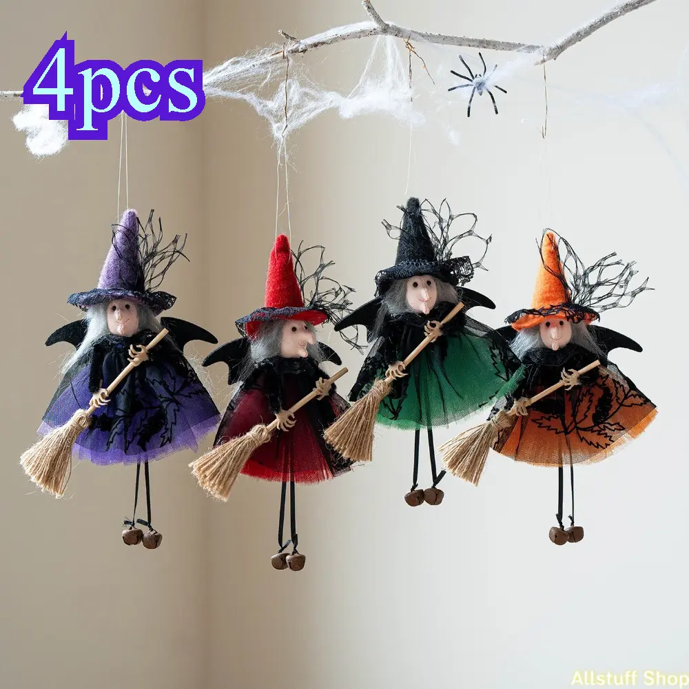 4pcs Witch Decorative Hanging Ornaments - Multicolored Lace Skirt, Brooms, Bells, Witch-Themed Halloween Decor for Indoor-Outdoor Front Door, Tree, Party Use