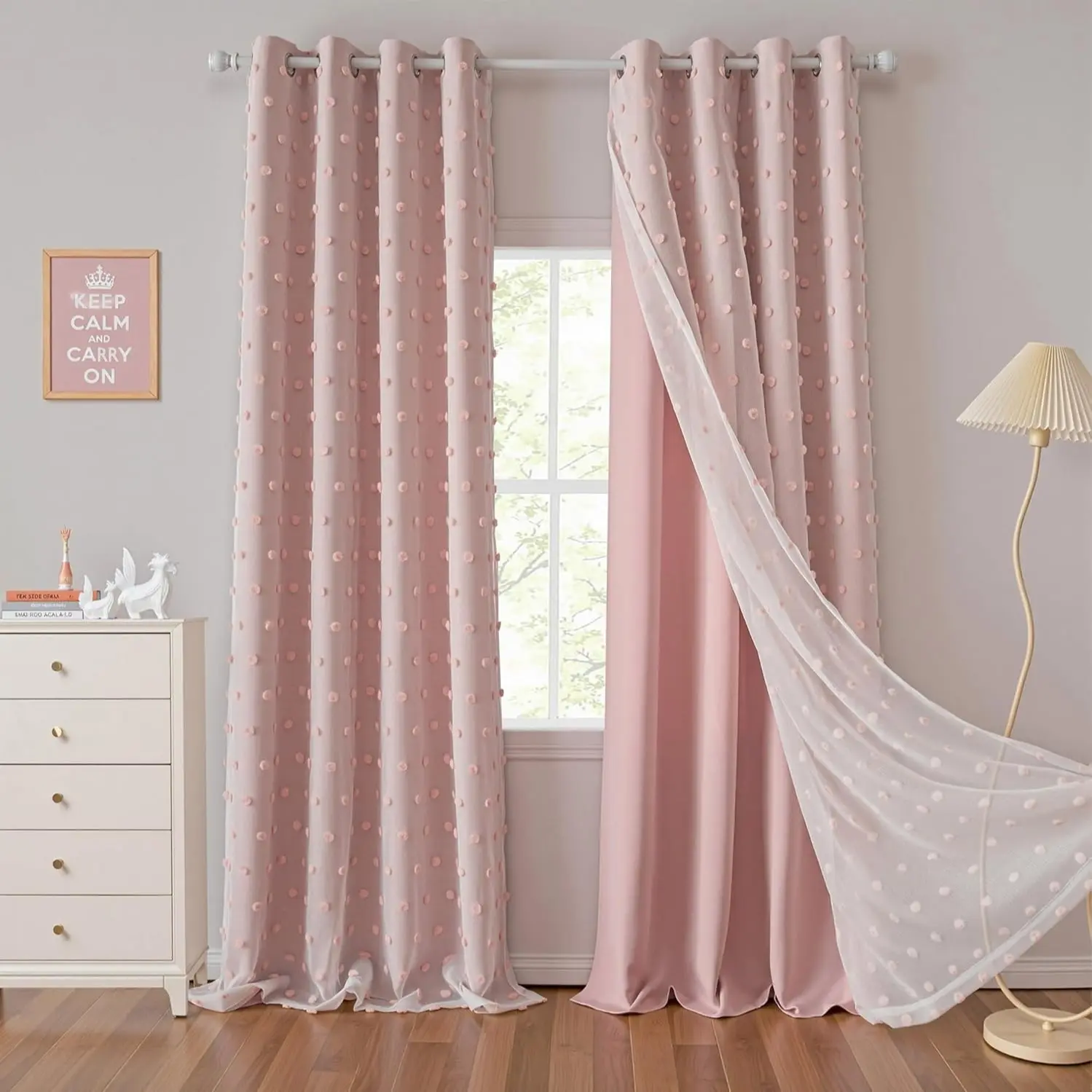 1pc Blush Pom Pom Blackout Curtains for Girls Bedroom, Double Layer Sheer Tulle Drapes, Curtain Panels, Elegant Window Treatments for Kids Room Decor, Home Decoration Curtain