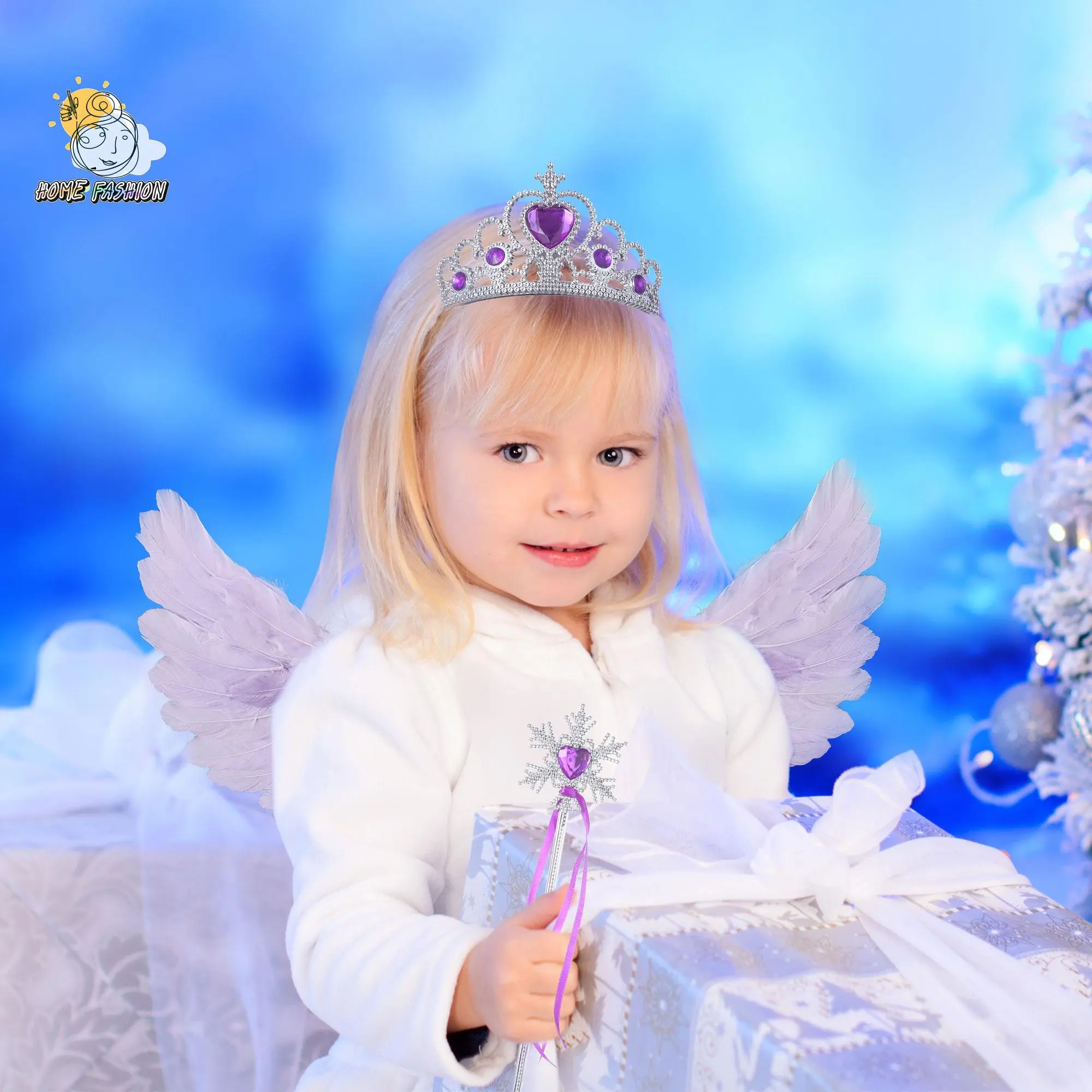 Feather Wings, Fairy Wings, Stage Show Halloween Costume Angel Wings with Crown and Wand for Kids Girls Princess Party Cosplay