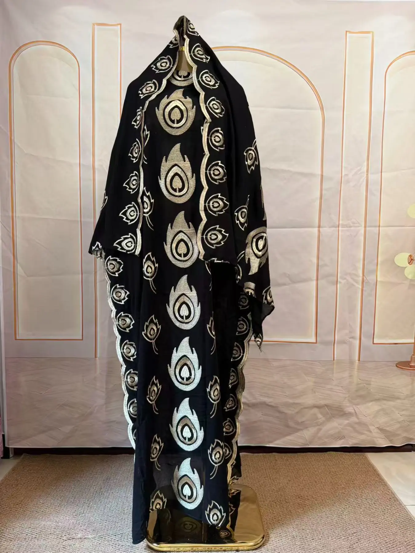 Black Gold Peacock Eye Embroidery Kaftan Maxi Dress Women Oversized Loose Caftan With Matching Shawl Luxury Ethnic Party Abaya Kaftan Dresses