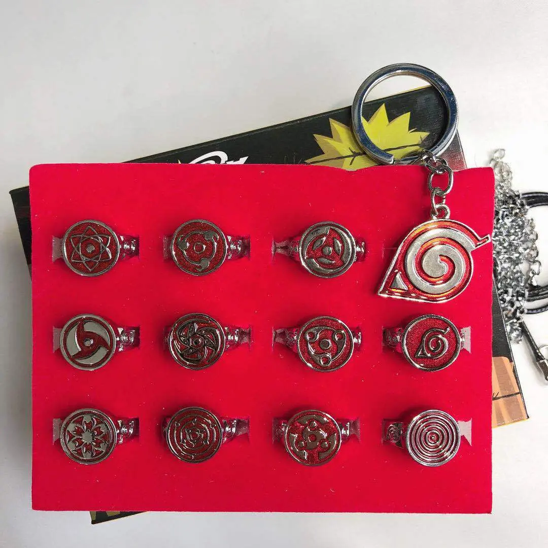 Naruto Sharingan Ring Gift Box 2 Styles Optional, Konoha Leaf Symbol Necklace Keychain Set, Uchiha All Sharingan Pattern Metal Rings, Anime Naruto Cosplay Jewelry Accessory Pack, Collectible Present for Anime Fans