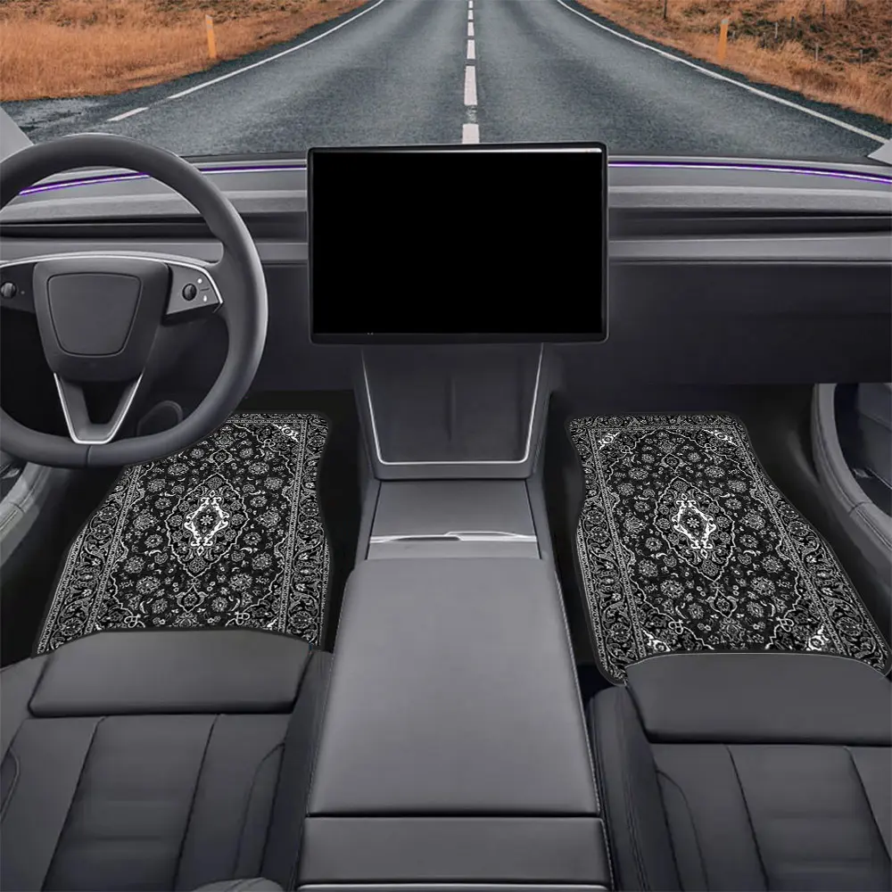 4-piece set of black vintage Persian-style printed car floor mats, durable polyester fiber, suitable for various trucks and SUV models, ideal gift, interior decorative mat, fun design, wear-resistant and non-slip, special car floor mats for Halloween, Chr