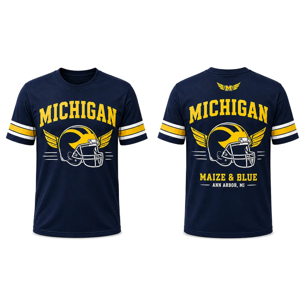 Michigan Navy Football Fan Shirt, Winged Helmet Graphic Crew Neck Jersey, Front and Back Print