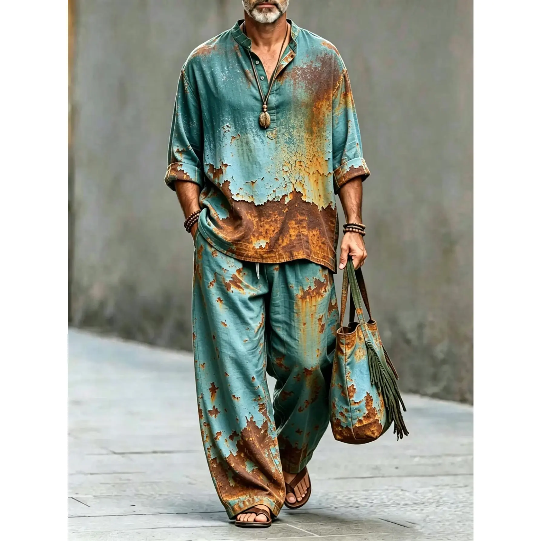 Men's Vintage Rusted Crack Print Two-Piece Outfit, Stand Collar Half-Button Long-Sleeve Shirt with Drawstring Wide-Leg Pants Set, Loose Bohemian Casual Matching Outfit