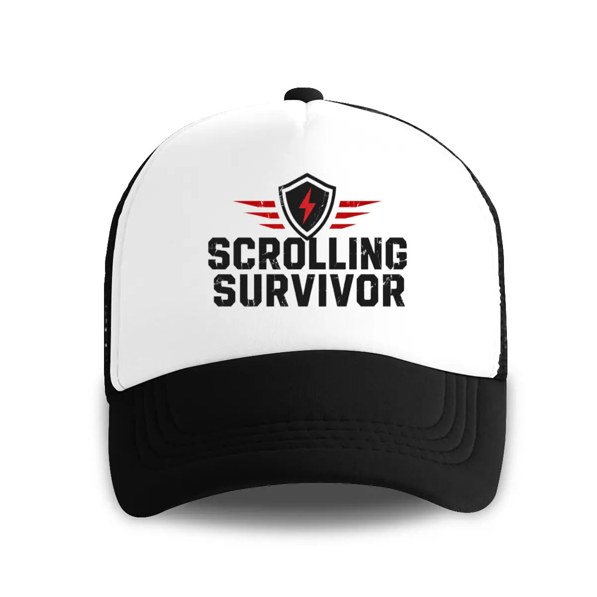 SCROLLING SURVIVOR Shield Letter Print Dad Hat - White Black Breathable Mesh Back, Curved Brim, Plastic Snapback, Funny Internet Humor, Polyester Clothing, 4th of July Gift, Unisex Trucker Cap, Casual Daily, Universal Fit