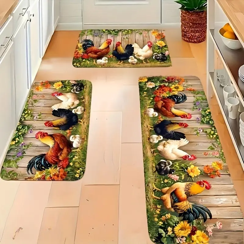 Farm Rooster Hen Chick Kitchen Mat Set Vintage Wood Floral Flannel Floor Rug Non Slip Country Farmhouse Entryway Decor Mats
