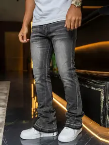 Men's Deep Washed Vintage Slim Fit Bell Bottom Jeans, Trendy Versatile Rock American Streetwear Denim Jeans