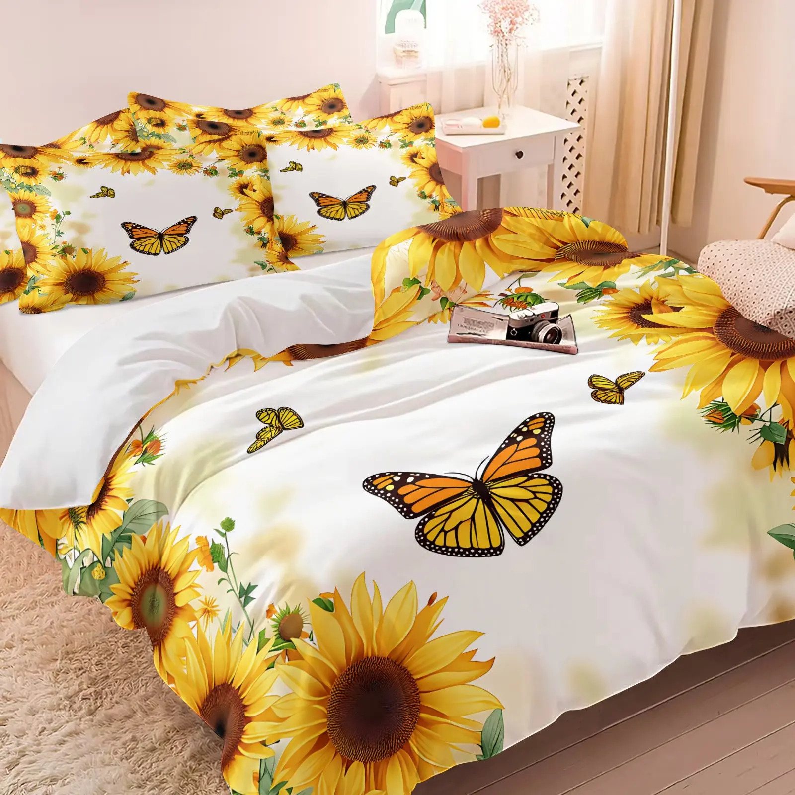 Sunflower Butterfly Floral Duvet Cover Set, Fresh Nature Decor Bedding Set, 1 Duvet Cover & 1/2 Pillowcase, No Filling, Soft Cozy Bed Cover for Women Girls Bedroom Home Decor