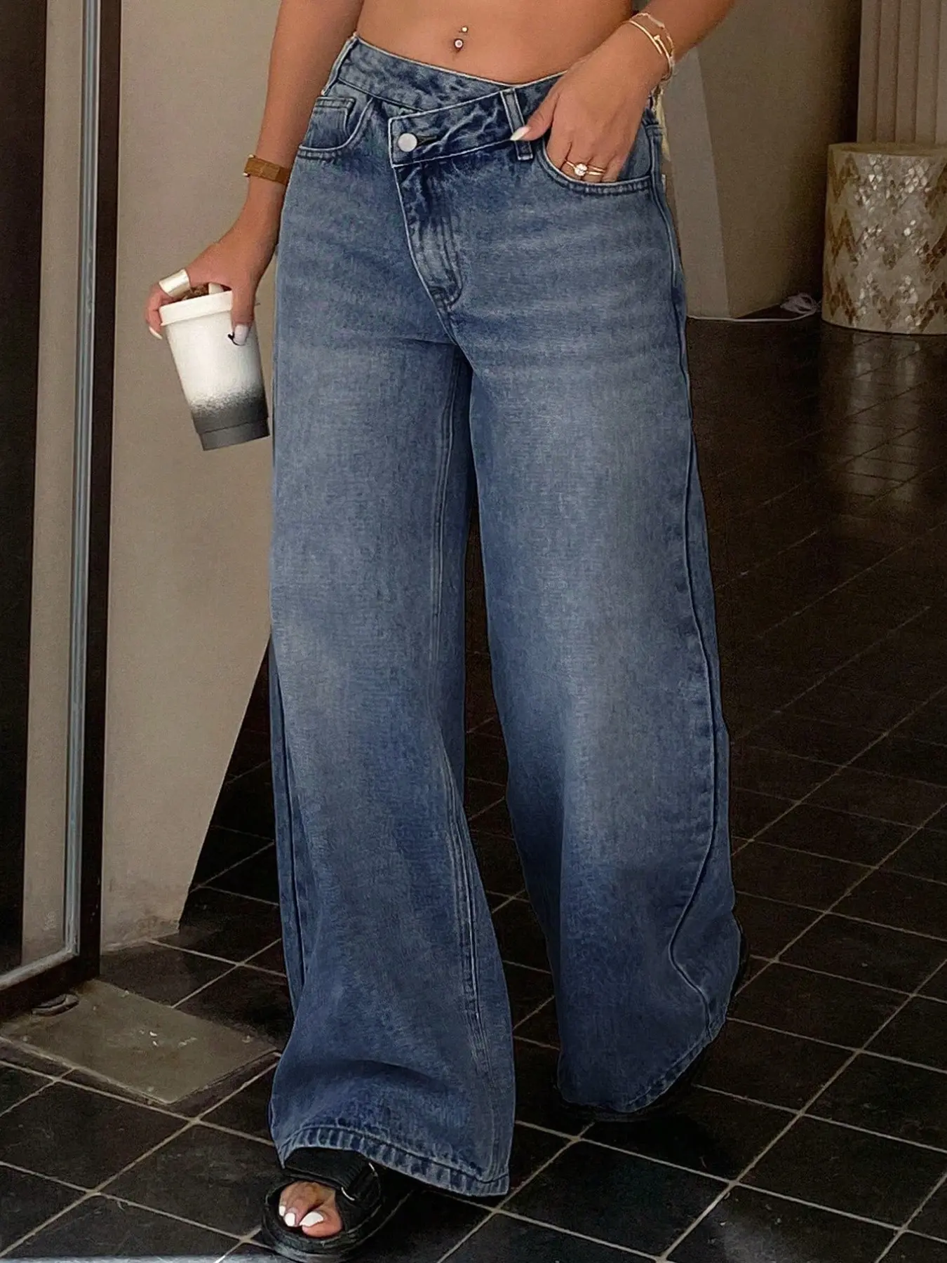 Women's Plus Size Asymmetrical Irregular Waist Denim Button Pocket Straight Leg Pants, Streetwear Casual Long Jeans for All Seasons, Comfortable Everyday Wear