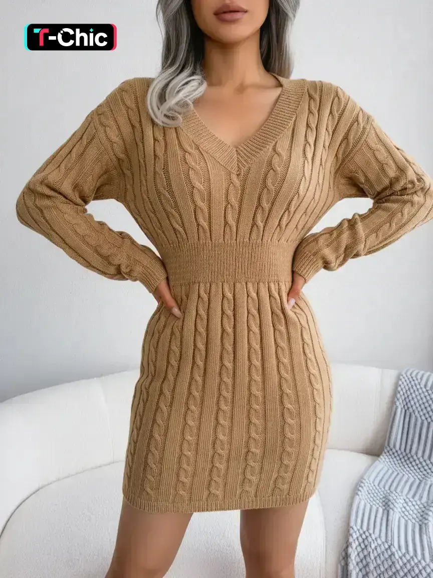 Women's Cable Knit Fitted Sweater Dress With V Neck, Long Sleeve Casual Drop Shoulder Style for Fall & Winter Fashion