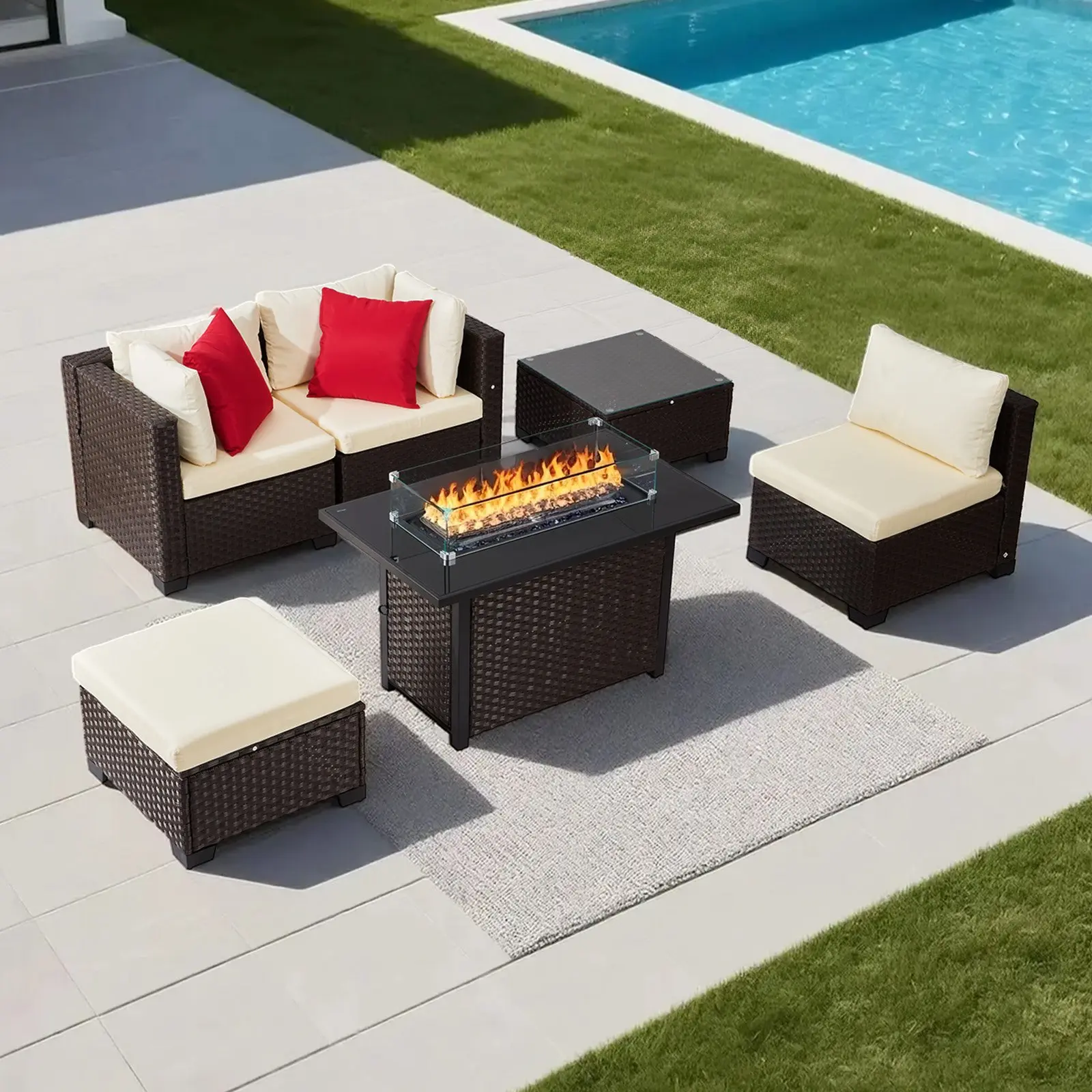6-Piece Outdoor Patio Furniture Set, Wicker Rattan Outdoor Sectional Conversation Set with 50000BTU Propane Fire Pit Table, Cushioned Sofas, Coffee Table Ottoman for Patio Garden Backyard
