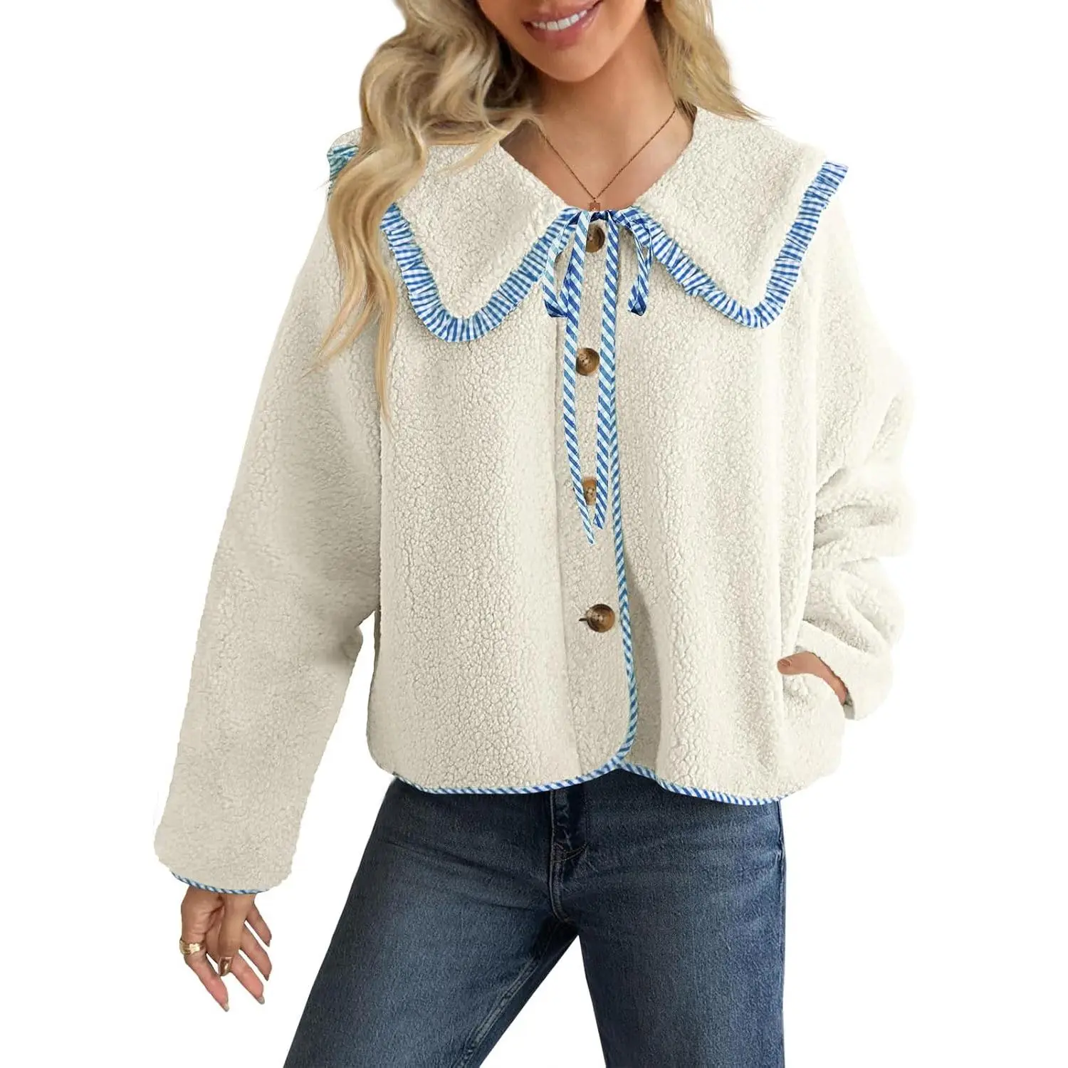 Womens Fuzzy Fleece Jacket Peter Pan Collar Button Down Fall Winter Sherpa Coats Colorblock Cute Warm Outerwear