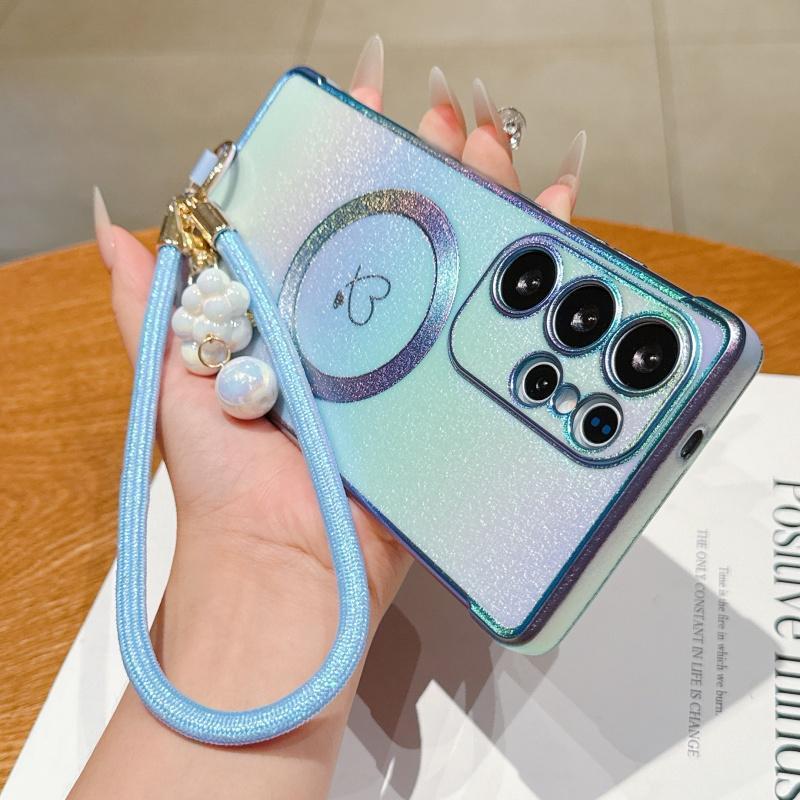 Stylish Electroplated Heart Design Phone Case with Wrist Strap, Compatible with Samsung Galaxy S26/S25/S24/S23/S22/S21 Ultra & Plus, S26/S25 Edge, S24FE/S23FE, Supports Wireless Charging, Anti-Slip and Shockproof Protective Shell