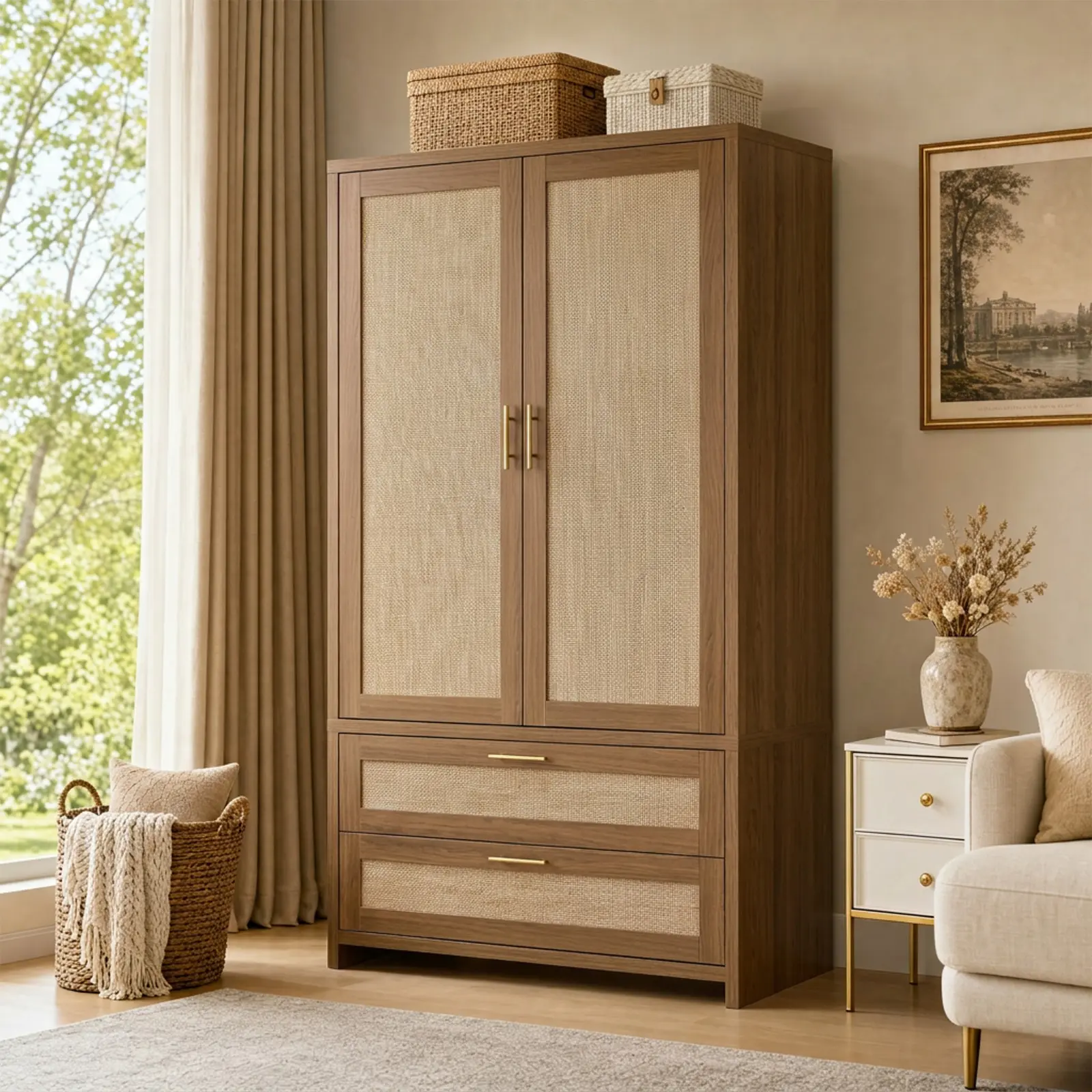 Boho Rattan Wooden Wardrobe Closet – 2 Doors, Drawers & Hanging Rod – Tall Bedroom Storage Armoire for Clothes Organization – Stylish Modern Cabinet