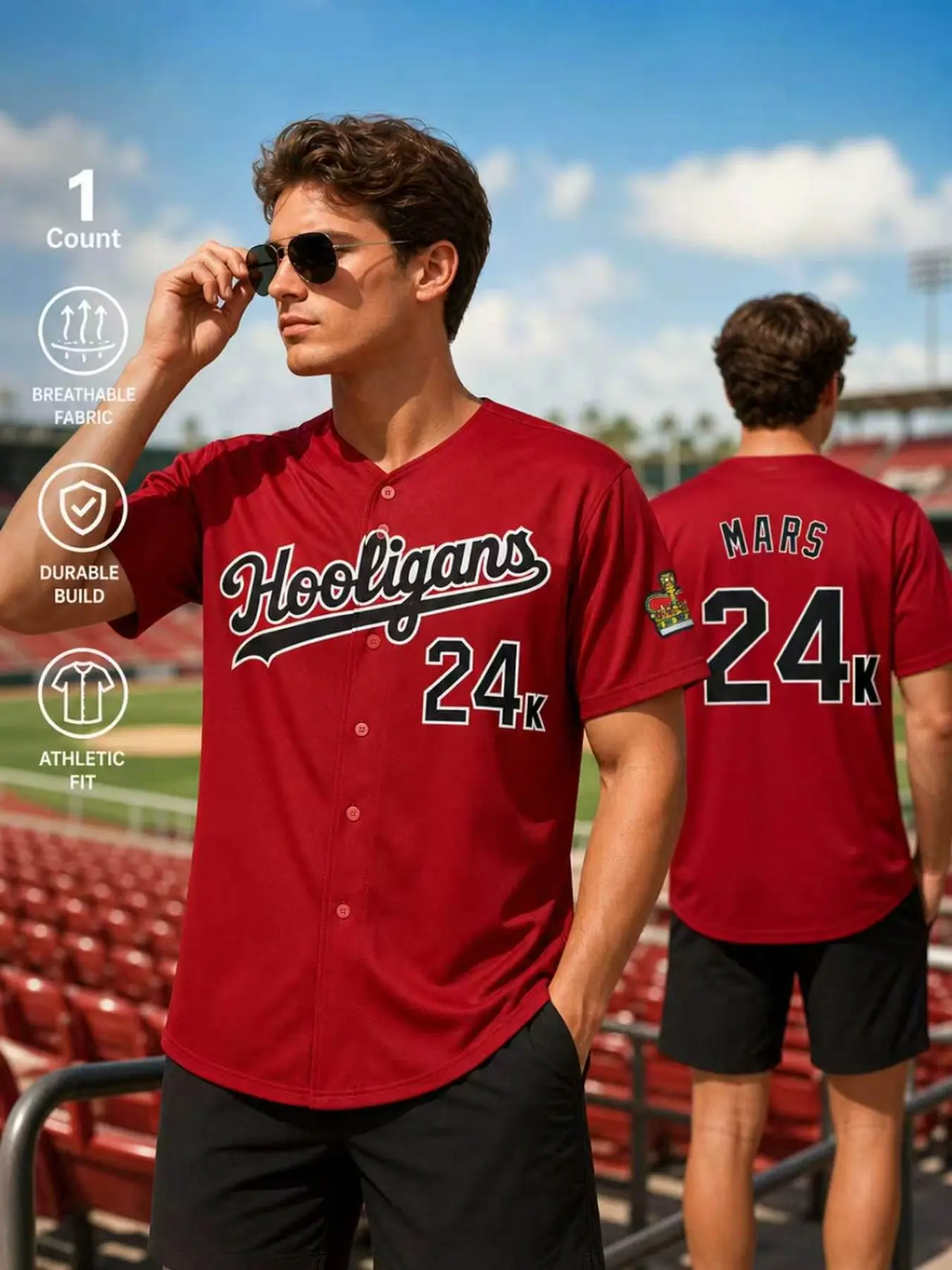 Breathable Embroidered Baseball Jersey Unisex | 24K Hooligans Striped Short Sleeve Button Down Casual Top for Men Women