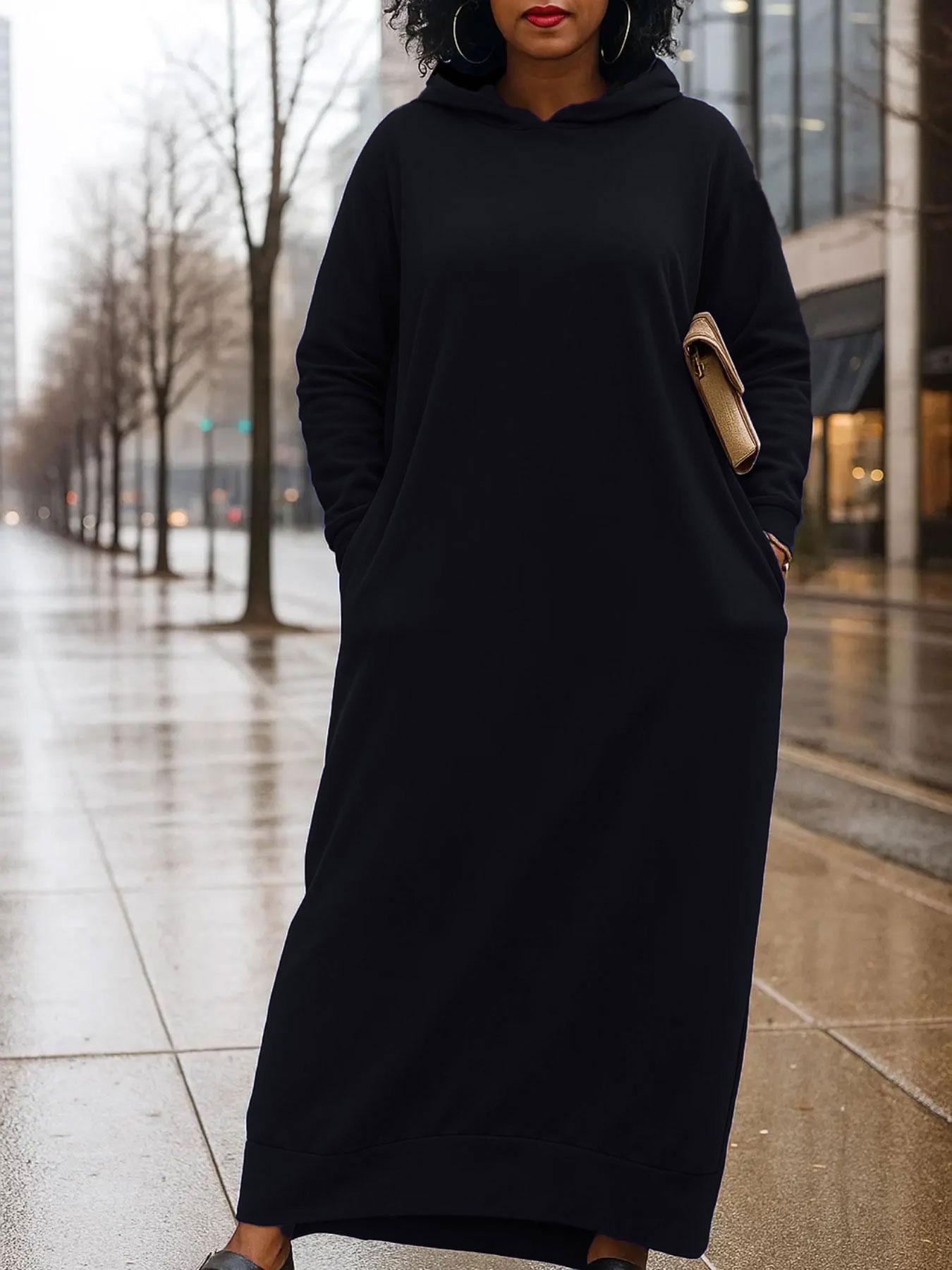 Women's Hooded Loose Long Dress, Spring & Fall Casual Street Style, Long Sleeve Relaxed Fit, Ladies Fashion Clothing, Womenswear
