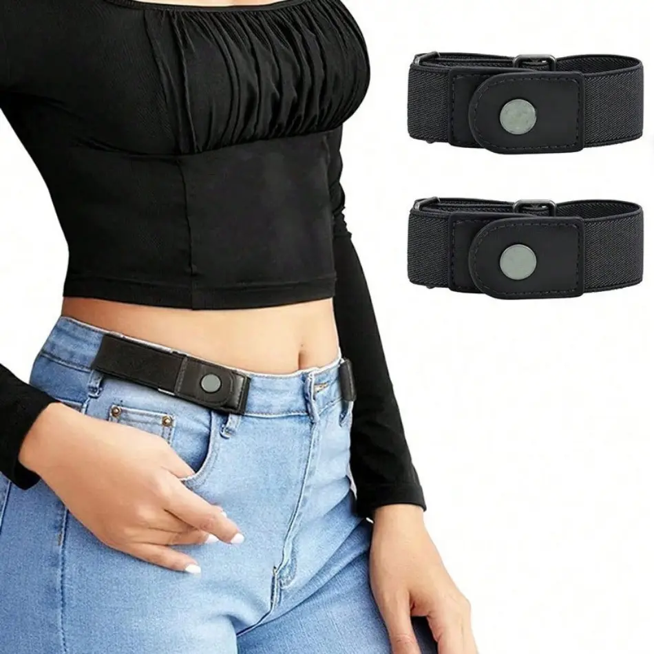 Buckle-Free Leather Belt Straps for Women, 2-Pack Adjustable Invisible Elastic Waistband for Dresses & Pants, DIY Bag Accessory, No Buckle Belts, Invisible Fit, Waist Strap