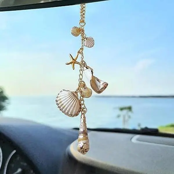 Boho Seashell Hanging Ornament - Stainless Steel Beach Theme Decorative Pendant, Easy-to-Hang Coastal Vibe Charm for Car Rearview Mirror, Home Window, Summer Gift for Beach Lovers
