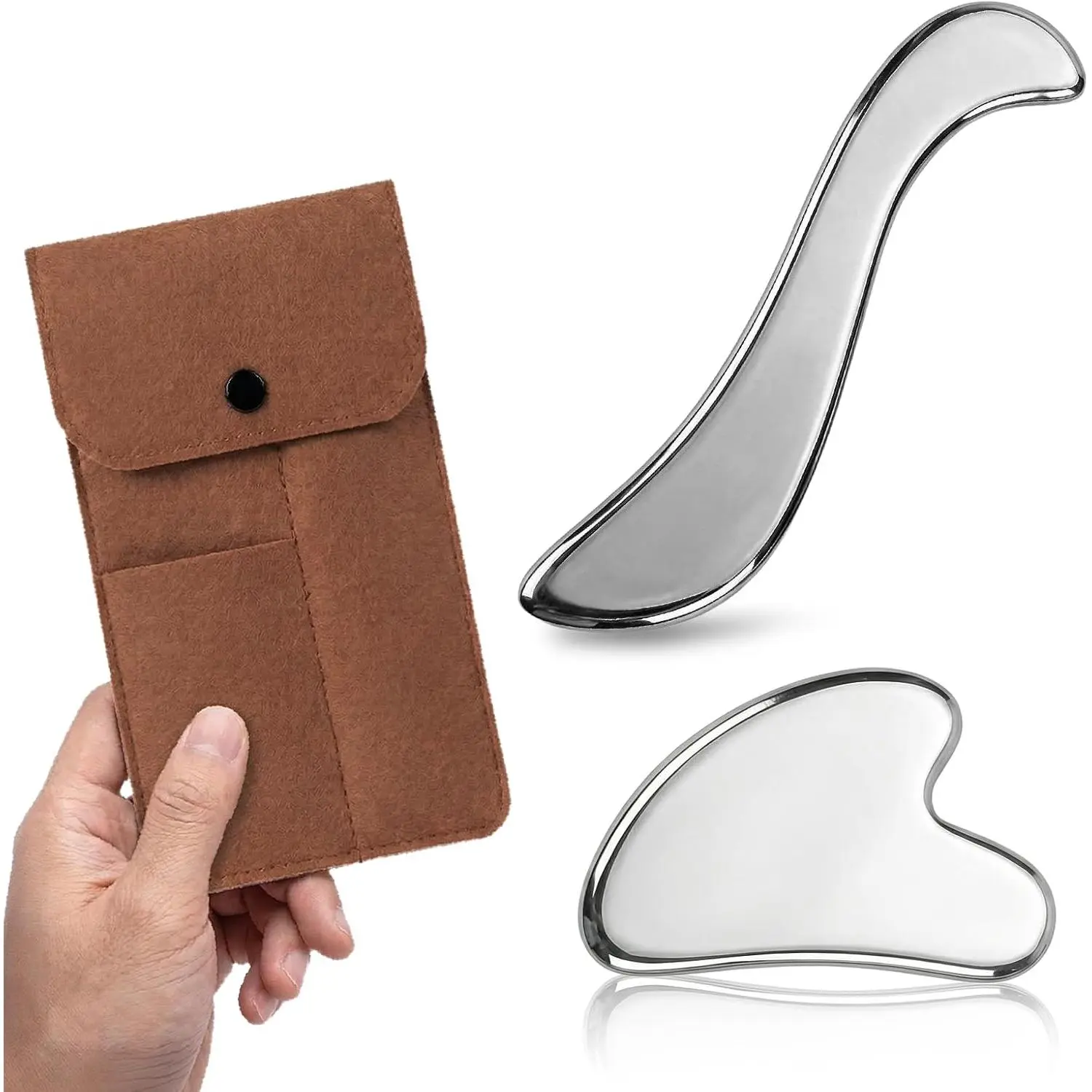 Adults' Stainless Steel 2-Piece Gua Sha & Muscle Scraper Kit - Facial Slimming & Massage Tools for Lymphatic Drainage, Lightweight Manual Set with Travel Pouch, Guide, Daily Glow, Long-Lasting Gift-Ready Wellness Set for At-Home Use, Unscented