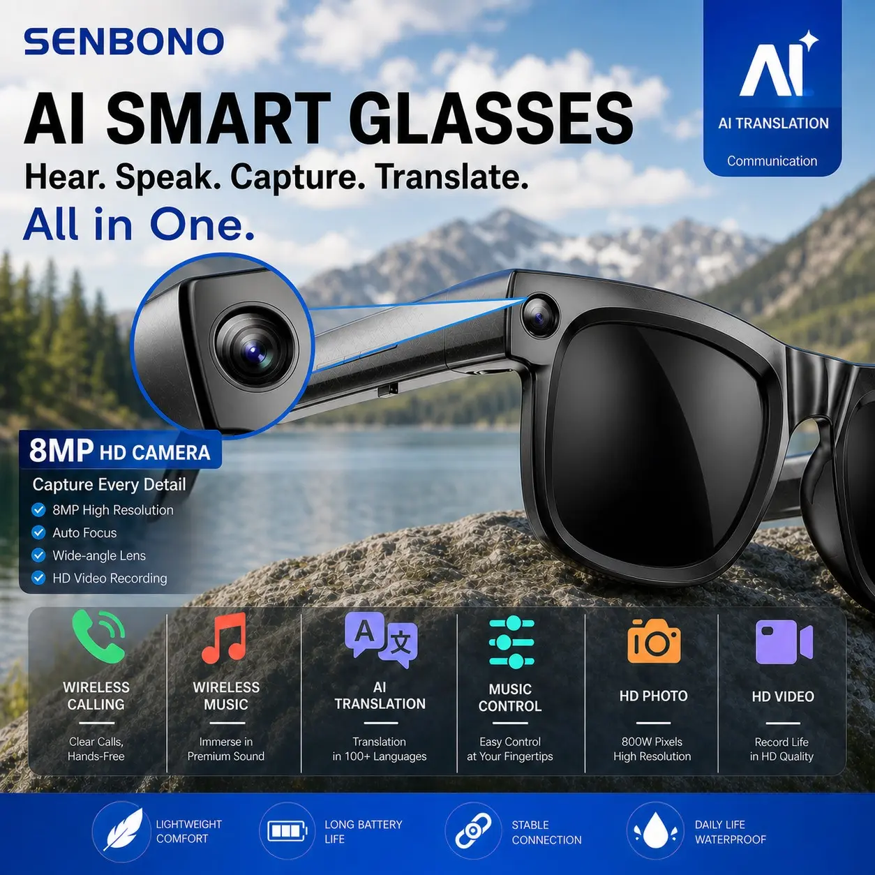 SENBONO Smart Shooting Glasses with 8mp Camera, HD Photo and Video, Bluetooth-compatible Connection, Ideal for Outdoor Sports and Vlogging, AI Glasses with Camera