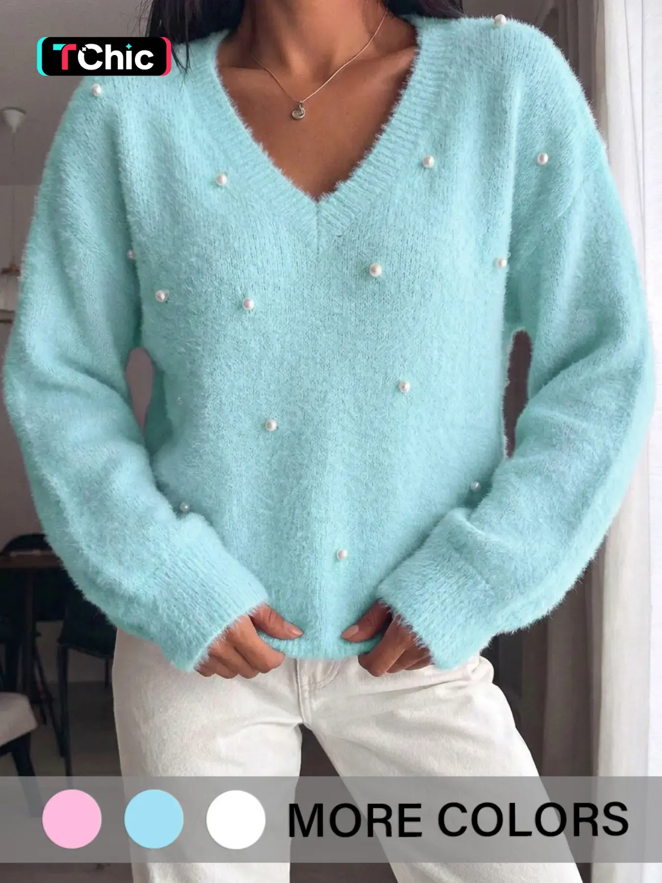 Women's Plain V-Neck Beaded Knit Sweater, Long Sleeve Loose-Fitting Casual Pullover for Fall & Winter, Simple Style